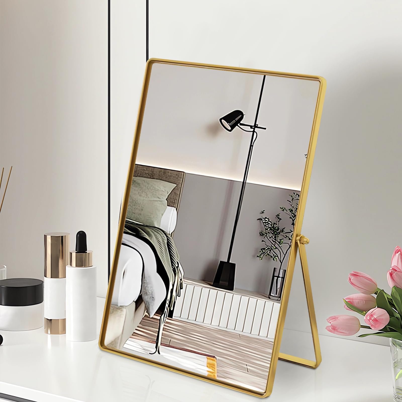 Adjustable Rectangular Desktop Vanity Makeup Mirror with Metal Stand - 90° Tilt Portable Standing Mirror for Bedroom, Living Room, Office & Bathroom | Perfect for Makeup, Grooming & Home Decor