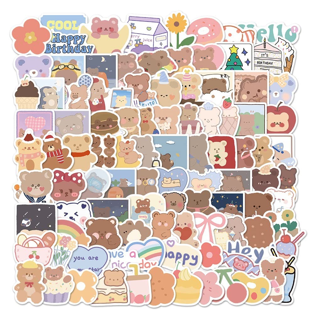 100pcs Kawaii Happy Bear Stickers Set - Cute Small Cardstock Decorative Masking Stickers for Planners, Journals, Scrapbooks & DIY Crafts - Perfect for Personalizing Notebooks, Gift Wrapping & School Projects