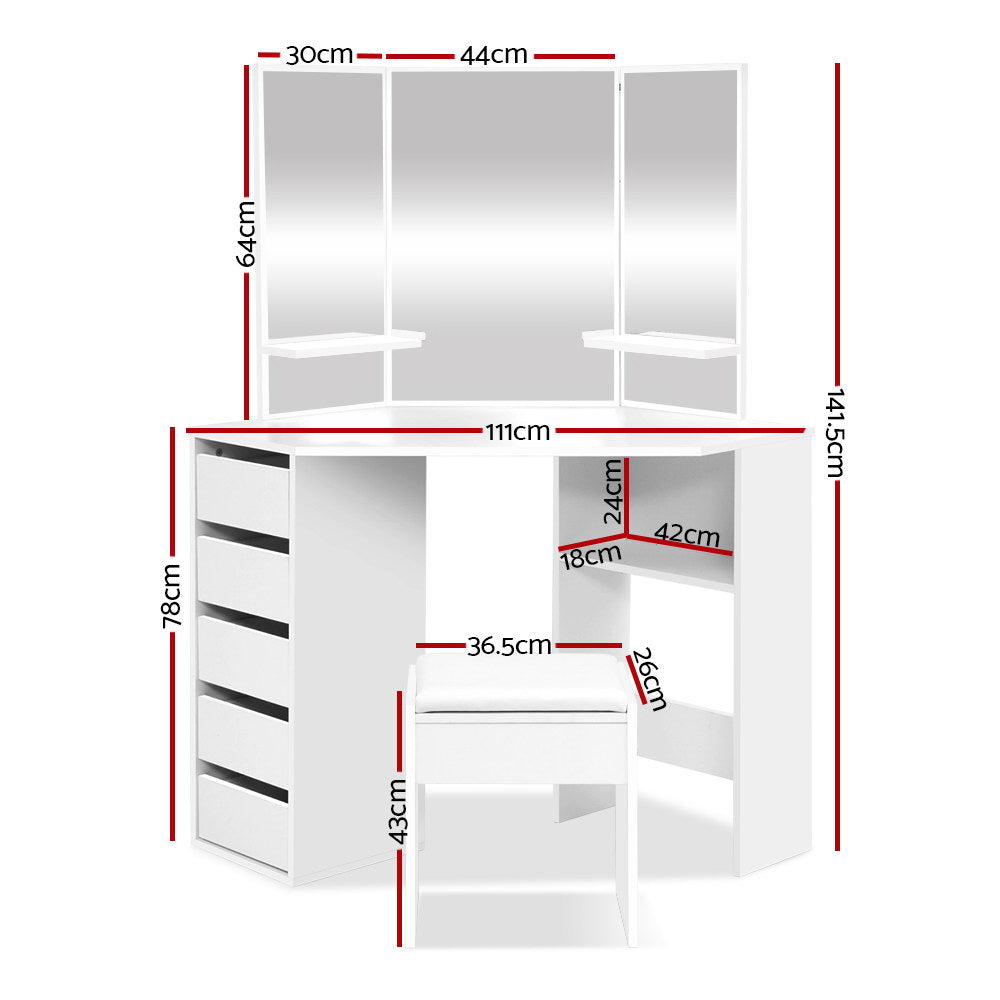 White Corner Dressing Table with Mirror & Stool Set - Vanity Makeup Desk with Adjustable Mirror and Matching Chair for Bedroom, Bathroom, or Dressing Room