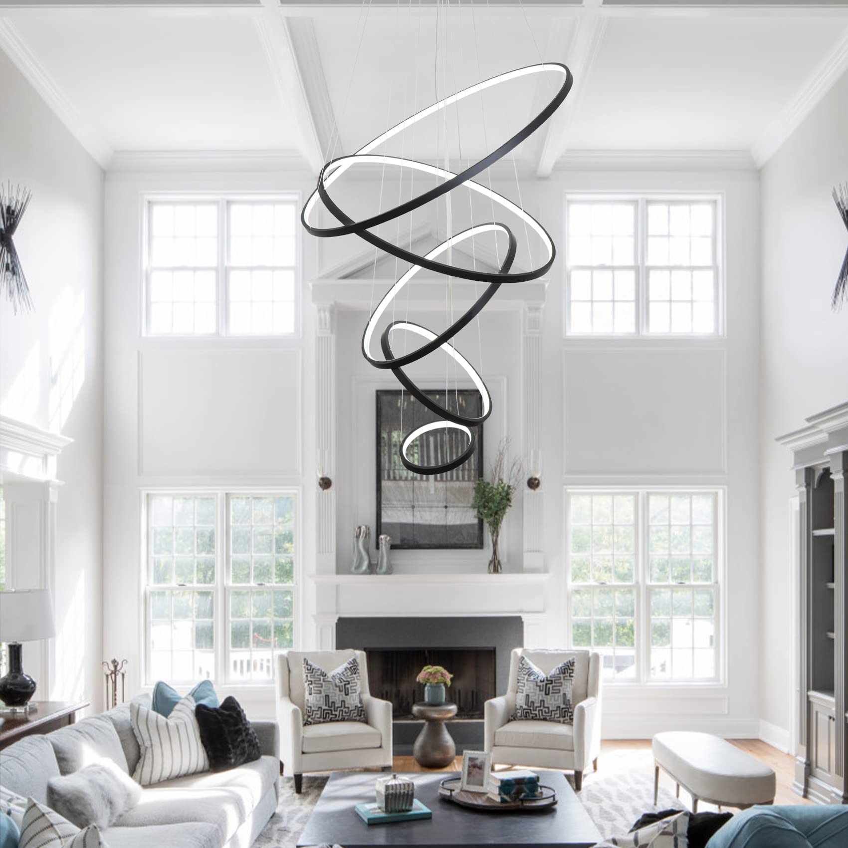Modern Black LED Chandelier - Dimmable 5-Ring Pendant Light Fixture for Living Room, Dining Room, Bedroom & Foyer | Contemporary Ceiling Lighting with Cool White Light | Perfect for Home Decor, Dinner Parties & Romantic Ambiance