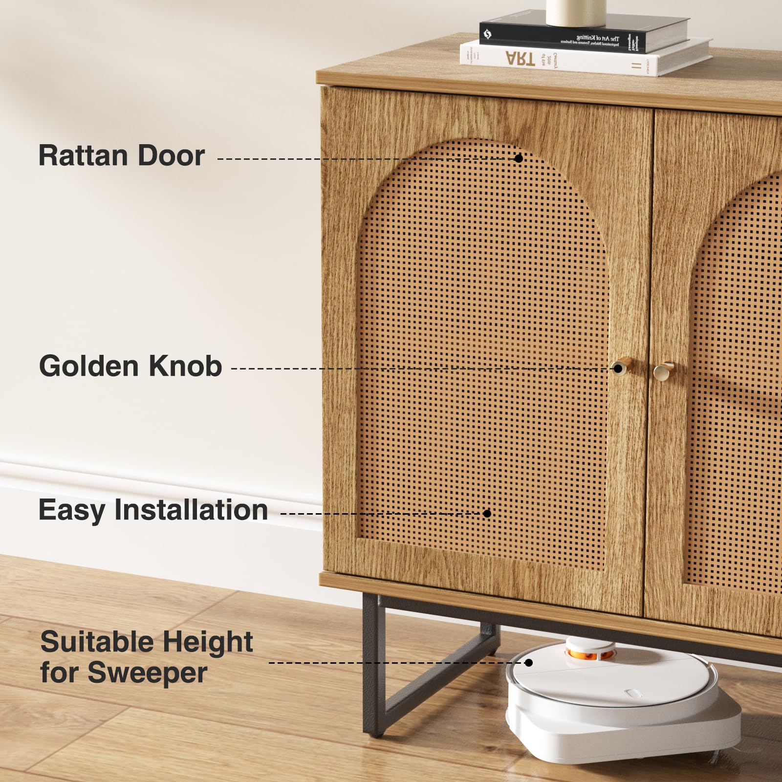 Rattan Sideboard Buffet Cabinet with Metal Legs - Boho Style Credenza for Living Room, Hallway, Entryway - Natural Wood & Woven Rattan Storage Cabinet | Perfect for Dining Room Storage, Home Decor, and Entertaining Guests