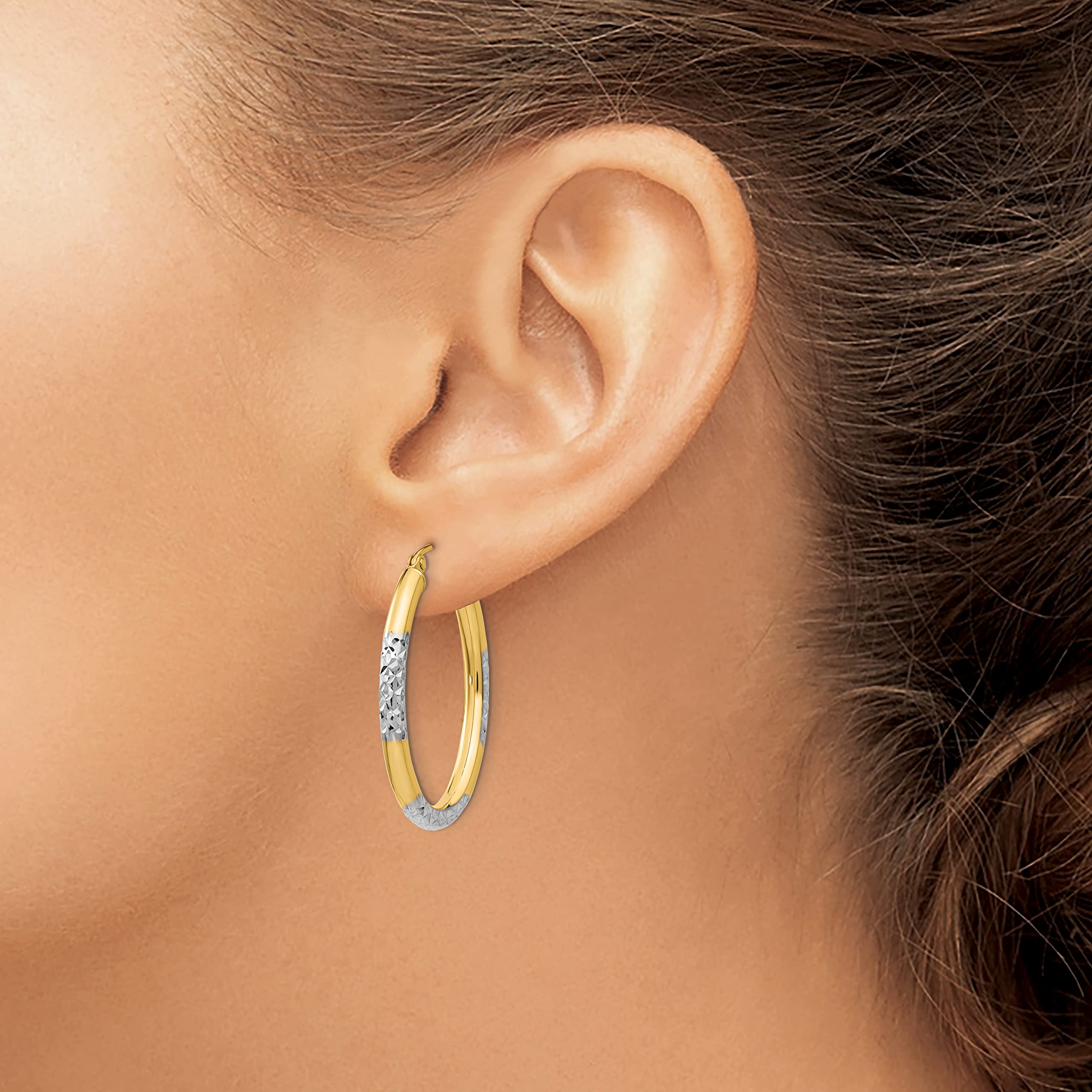 14K Solid Two-Tone Yellow & White Gold 3mm Oval Medium Hoop Earrings for Women - Elegant Everyday Jewelry, Perfect for Work, Date Night & Special Occasions