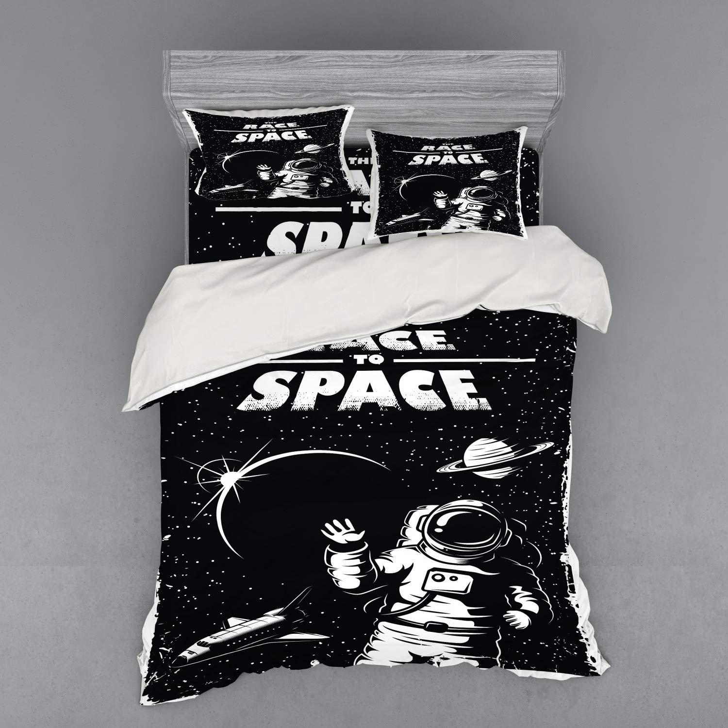 Ambesonne Astronaut Duvet Cover Set - 4 Piece Queen Size Space Theme Bedding with Shams & Fitted Sheet, Retro Space Race Design Featuring Astronauts, Cosmonauts, Planets & Spacecrafts - Perfect for Sci-Fi Lovers & Space Enthusiasts Bedrooms