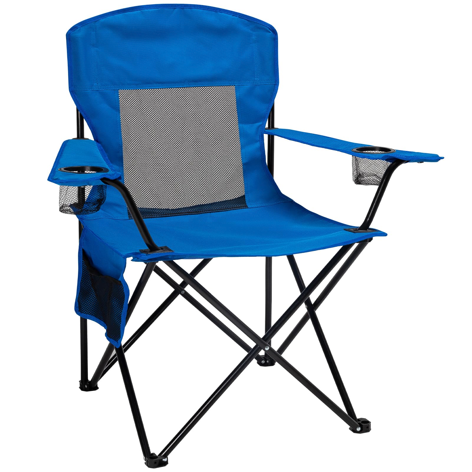 **Portable Folding Camping Chair with Cooling Mesh Back - Adjustable Armrests, 2 Cup Holders & Side Pocket - Heavy Duty 300lbs Capacity for Outdoor, Lawn, Concert & Sports - Includes Carry Bag (Blue Mesh)**