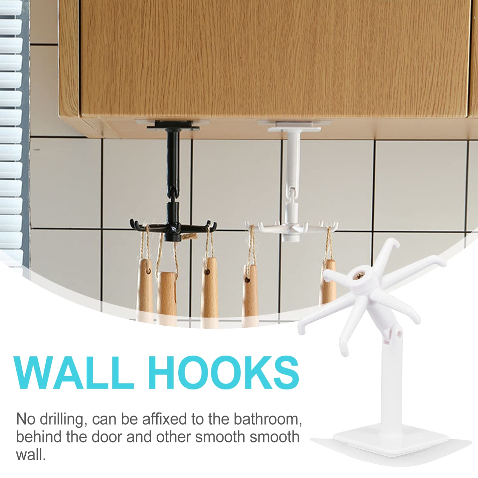 Zerodeko 4-Pack No Drill Rotating Hooks - Heavy Duty Wall Hangers for Kitchen, Bathroom, Cabinet & Shelf Organization - Space Saving Multi-Purpose Hooks for Utensils, Towels, Robes & Home Decor