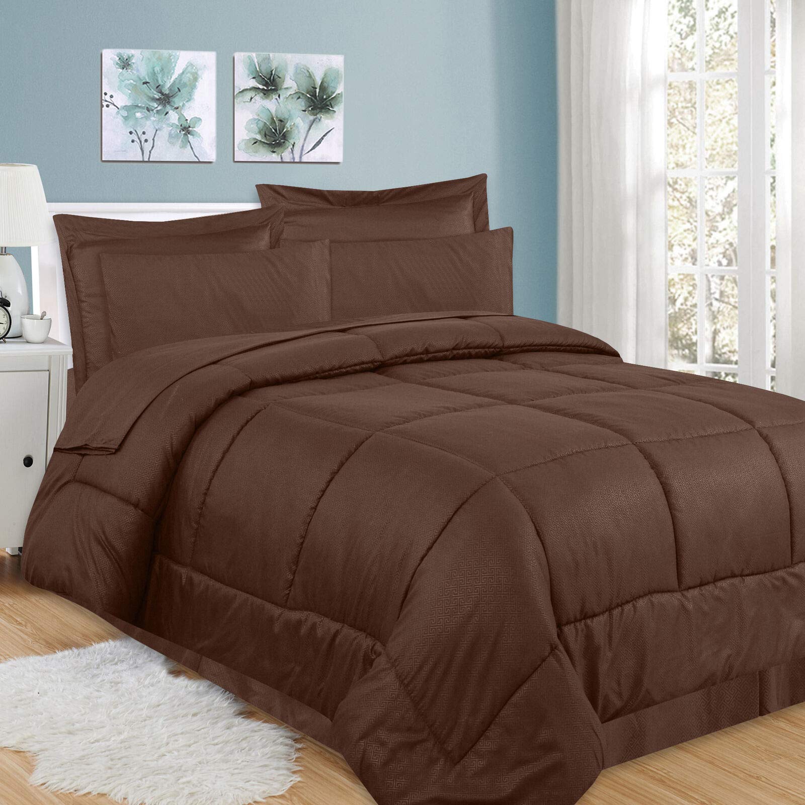 Chocolate-King 8-Piece Bed in a Bag Set - Greek Key Design Comforter, Sheets & Bed Skirt | Luxury Bedding Collection for Master Bedroom, Guest Room & Dorm Decor
