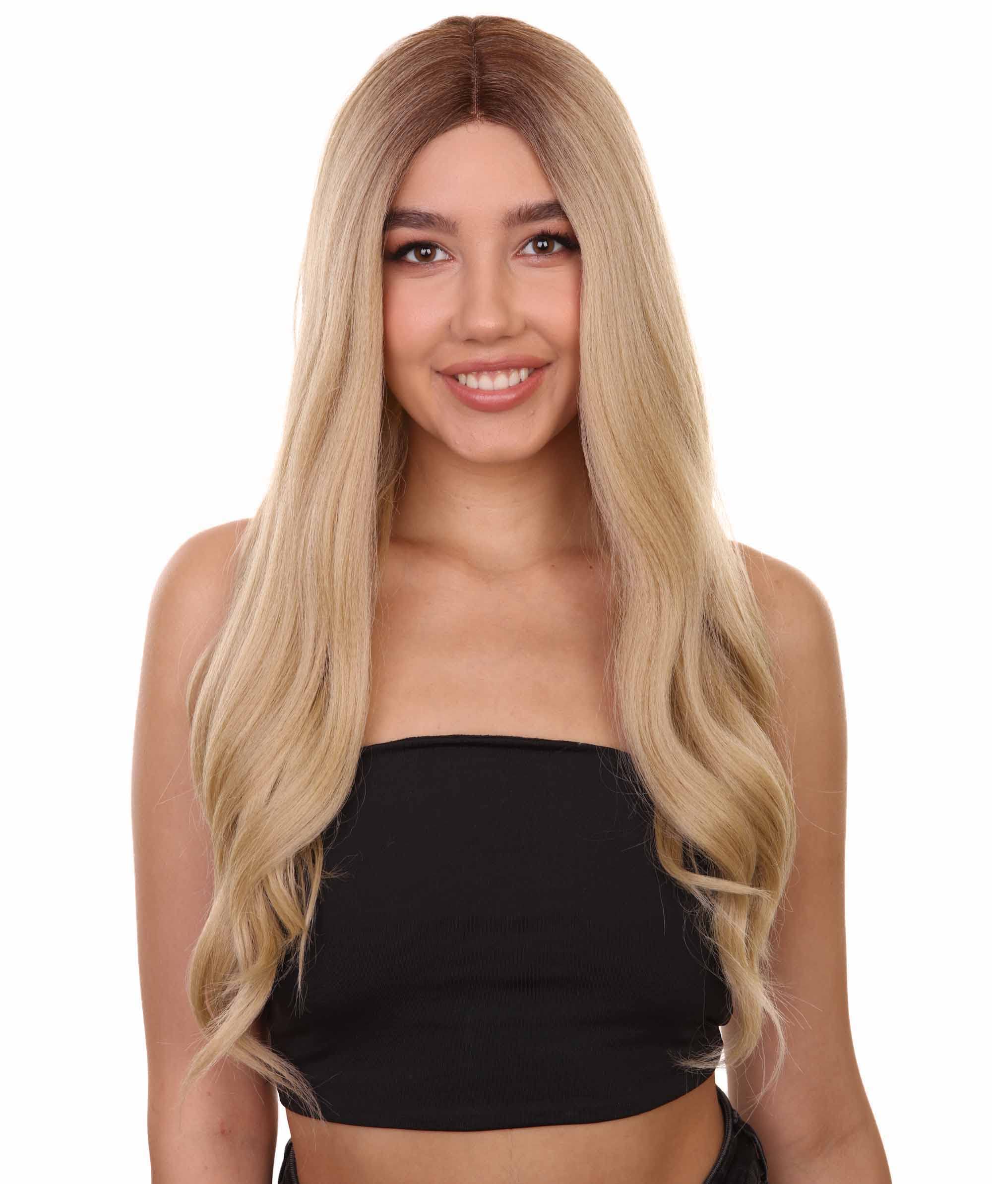 Mary-Kate Women's Long Lace Front Wavy Wig with Dark Roots - Natural Looking Synthetic Hair for Cosplay, Halloween & Daily Fashion - Heat Resistant & Comfortable for All-Day Wear
