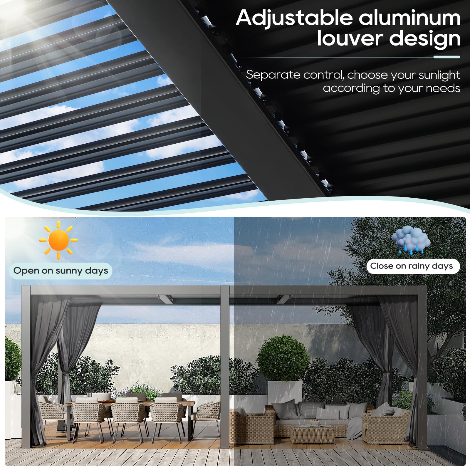 LVUYOYO 10' x 20' Adjustable Louvered Pergola - Aluminum Outdoor Gazebo with Roof, Curtains & Netting for Patio, Backyard, Garden, Deck - Perfect for Outdoor Entertaining & Relaxation (Black)