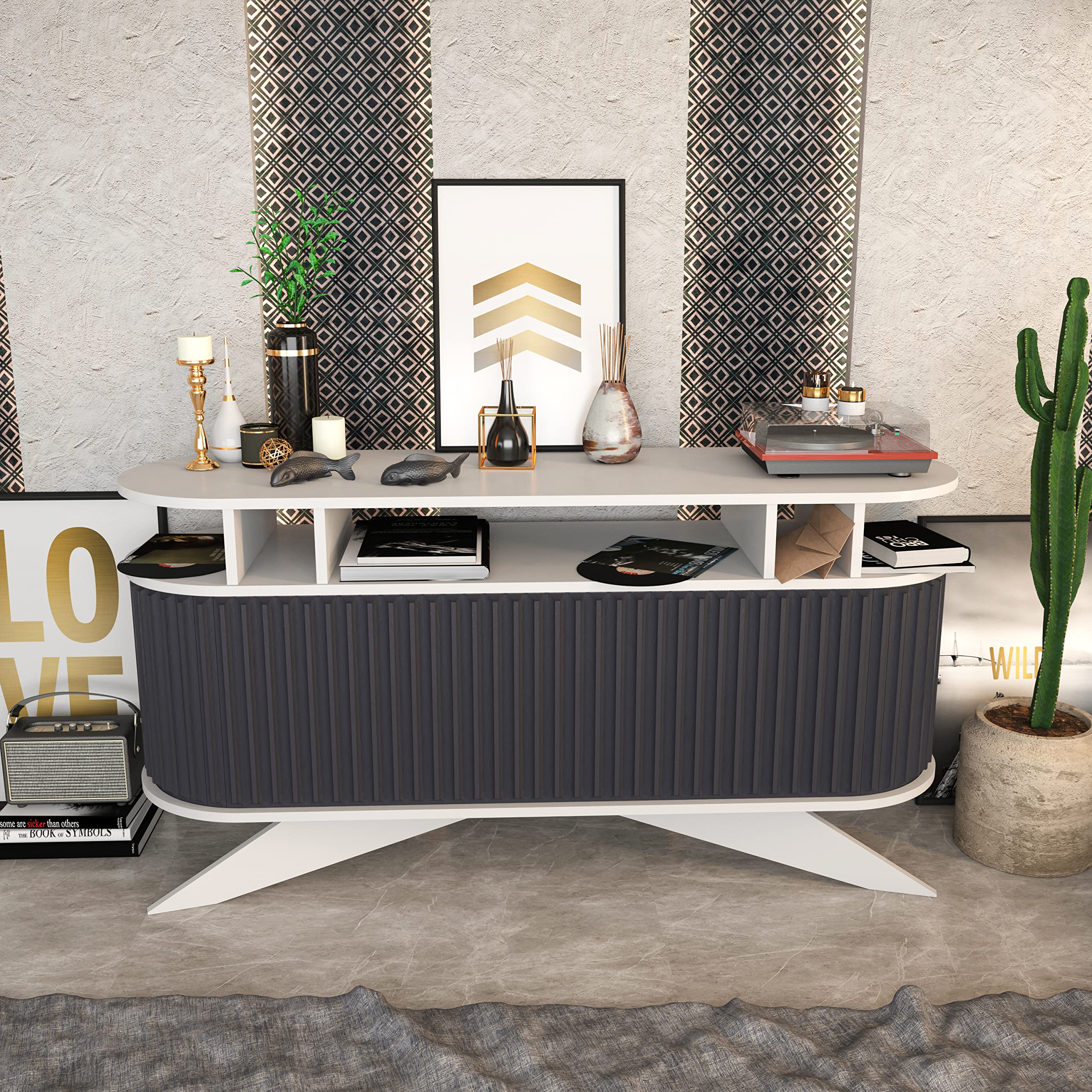 Modern Grey 59-inch TV Stand Media Console with Sliding Doors - Sturdy Entertainment Center for Living Room, Bedroom & Home Theater Setup