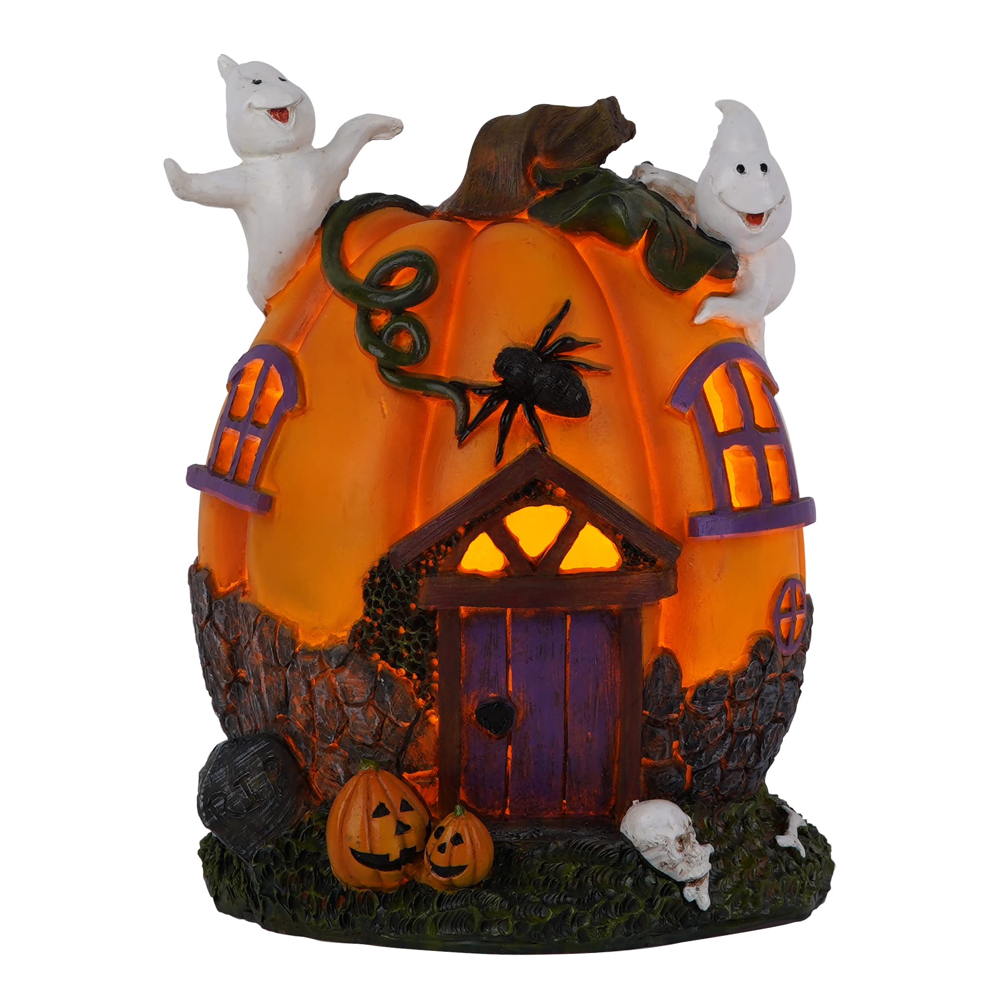 Topadorn Halloween Pumpkin House Figurine with Ghost - Spooky LED Lighted Haunted House Decor for Table, Garden, Yard - Perfect for Halloween Party, Home Decoration & Outdoor Scary Display