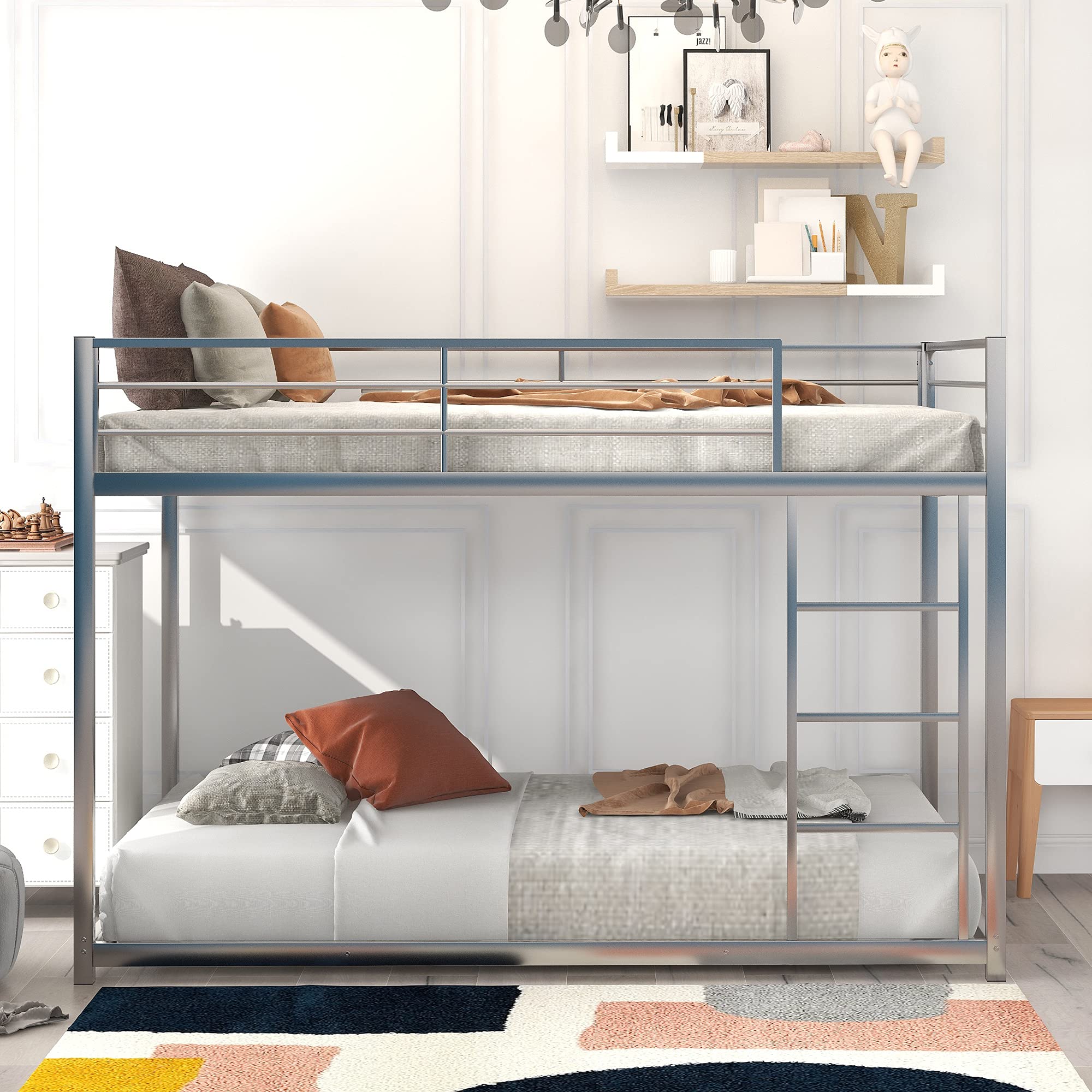 Full Over Full Metal Bunk Bed - Heavy Duty Low Profile Bunk Bed Frame with Safety Guard Rails & Flat Ladder for Kids, Teens, Adults (Silver) | Perfect for Small Bedrooms, Dorms, Guest Rooms & Vacation Homes