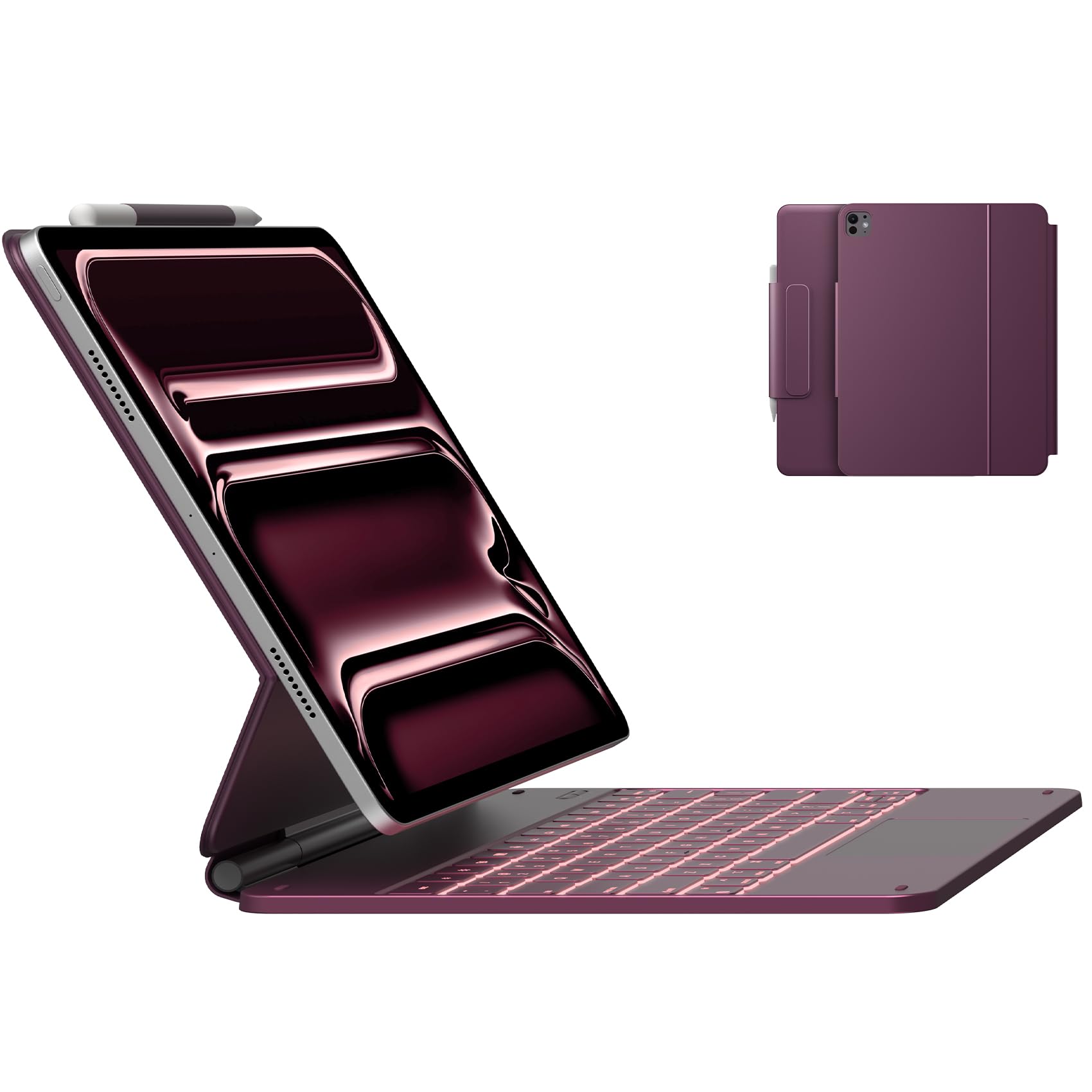 Type-Case Backlit Magic Keyboard for iPad Pro 13-inch (M4 2024 Model) - 11-Color RGB Backlight, Multi-Touch Trackpad, Pencil Holder & Magnetic Stand (Raspberry Red) - Perfect for Work, Study & Creative Projects