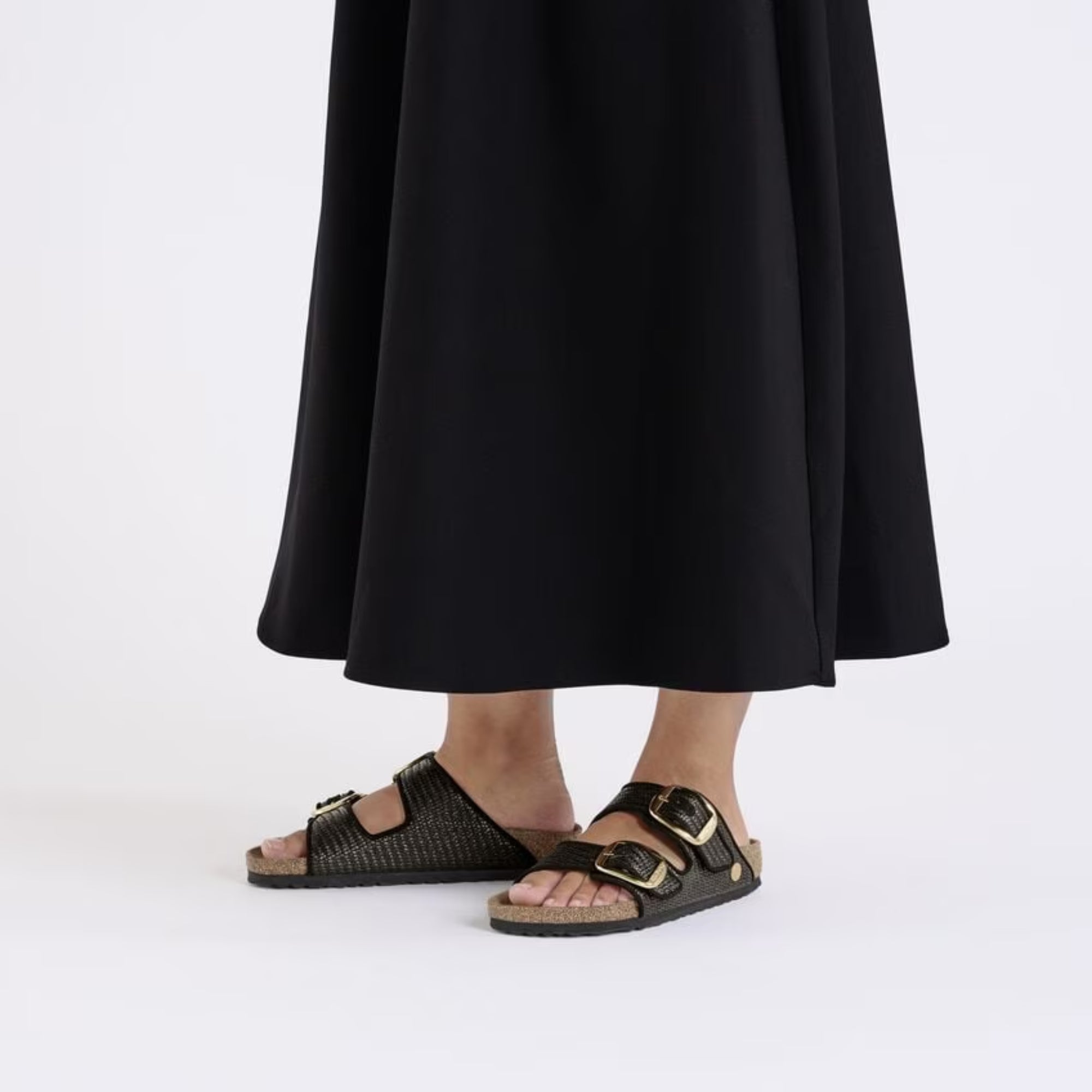 Arizona Big Buckle Textile Sandal for Women - Comfortable Raffia Black Slide Sandals for Summer Beach, Pool, and Casual Outings