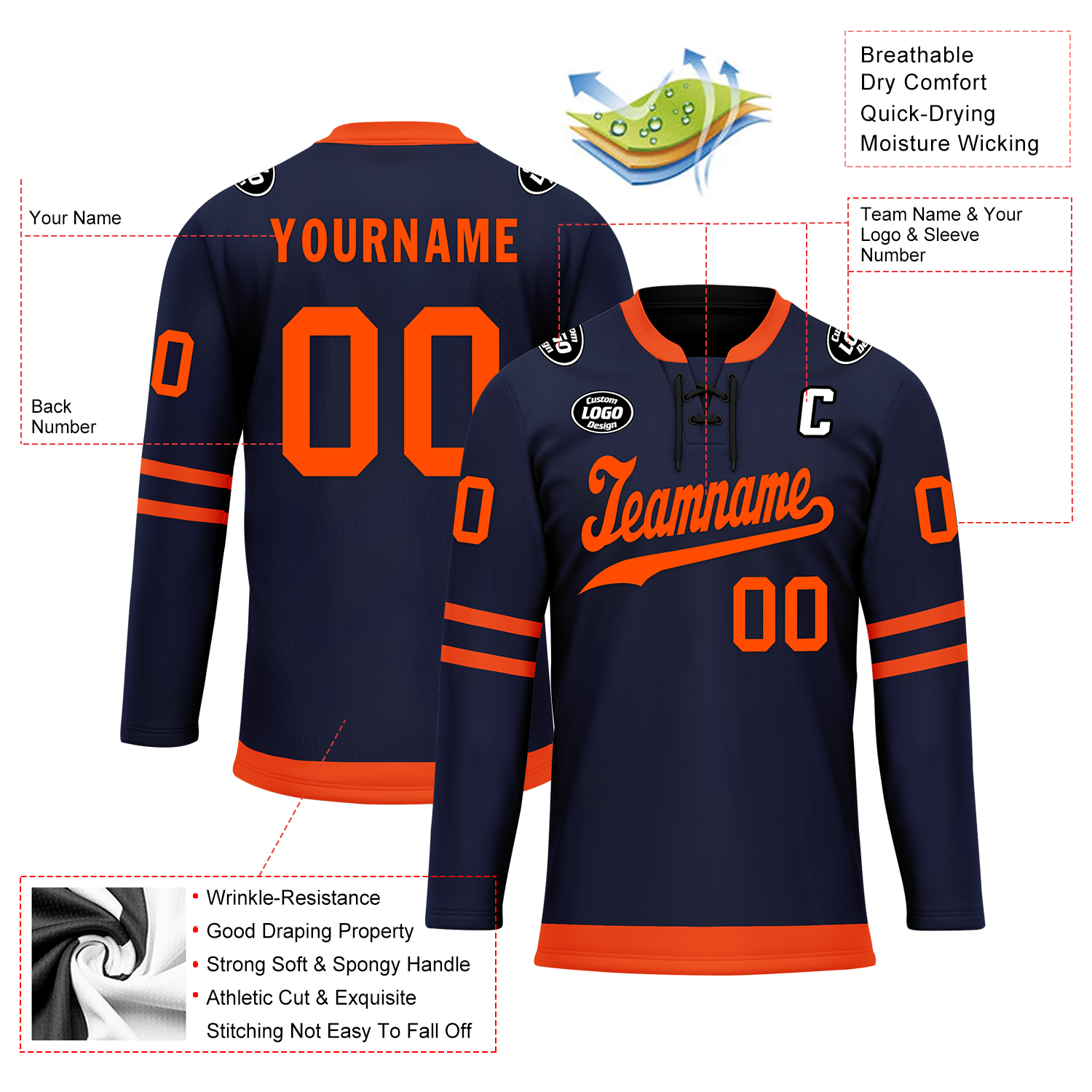 Custom Blue & Orange Personalized Hockey Jersey HCKJ01 - High-Quality Embroidered Hockey Uniform for Men & Women - Perfect for NHL Games, Team Sports & Fan Apparel