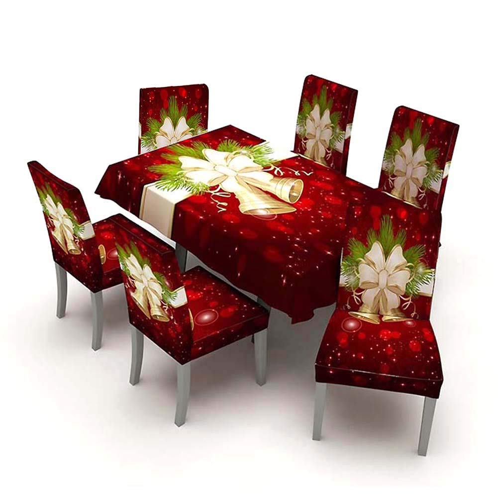 LANGWEI Christmas Tablecloth Set with 6 Stretch Chair Slipcovers - Gold Bell Snowflake Waterproof Dining Table Cover (150x260cm) for Holiday Party Decorations - Perfect for Christmas Dinner, Family Gatherings & Festive Home Decor
