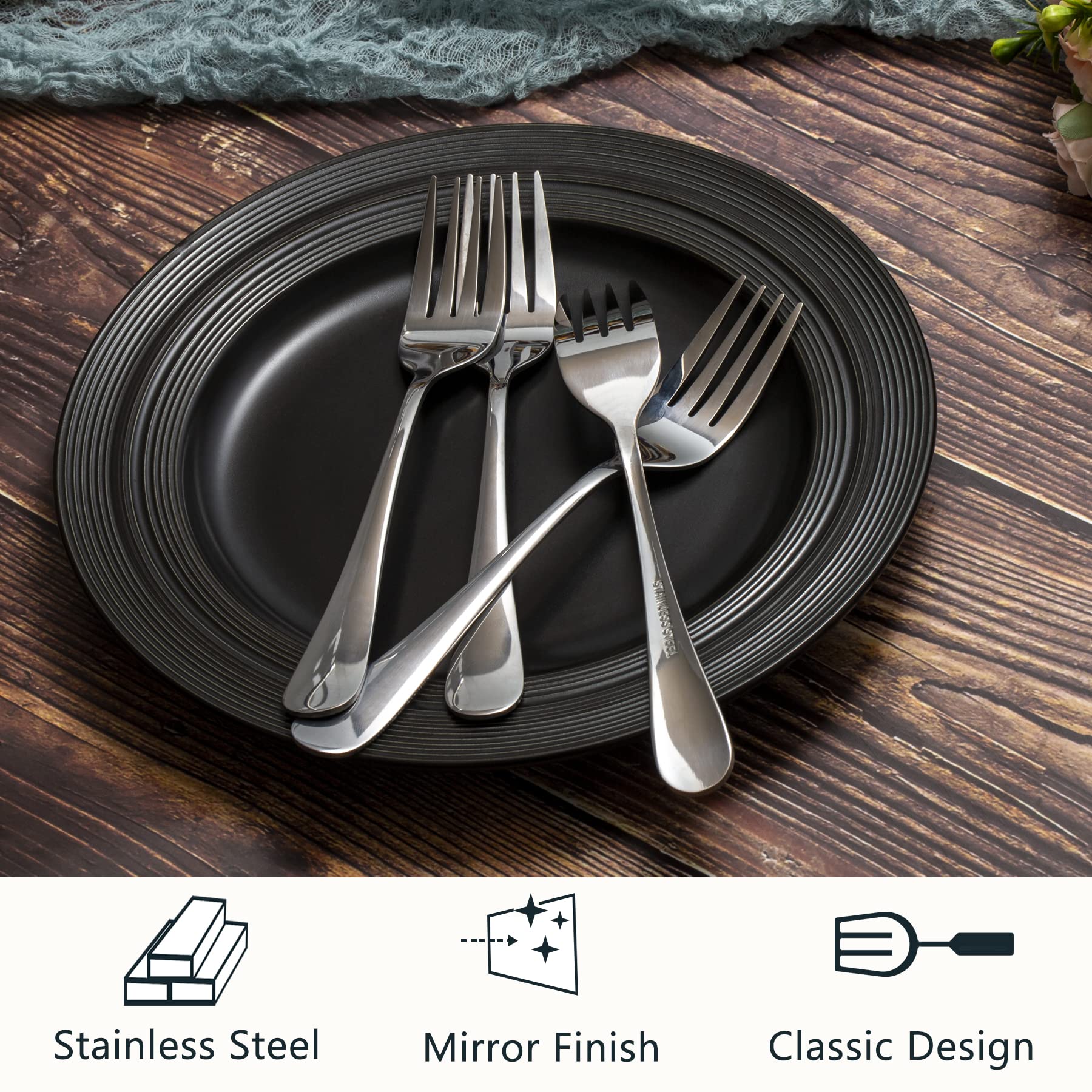 ELLERT 12-Piece Stainless Steel Dinner Forks Set - Food Grade 18/10 Mirror Polished Silverware for Home, Kitchen & Restaurant Use - 8 Inch Dishwasher Safe Forks for Dining, Parties & Catering Events