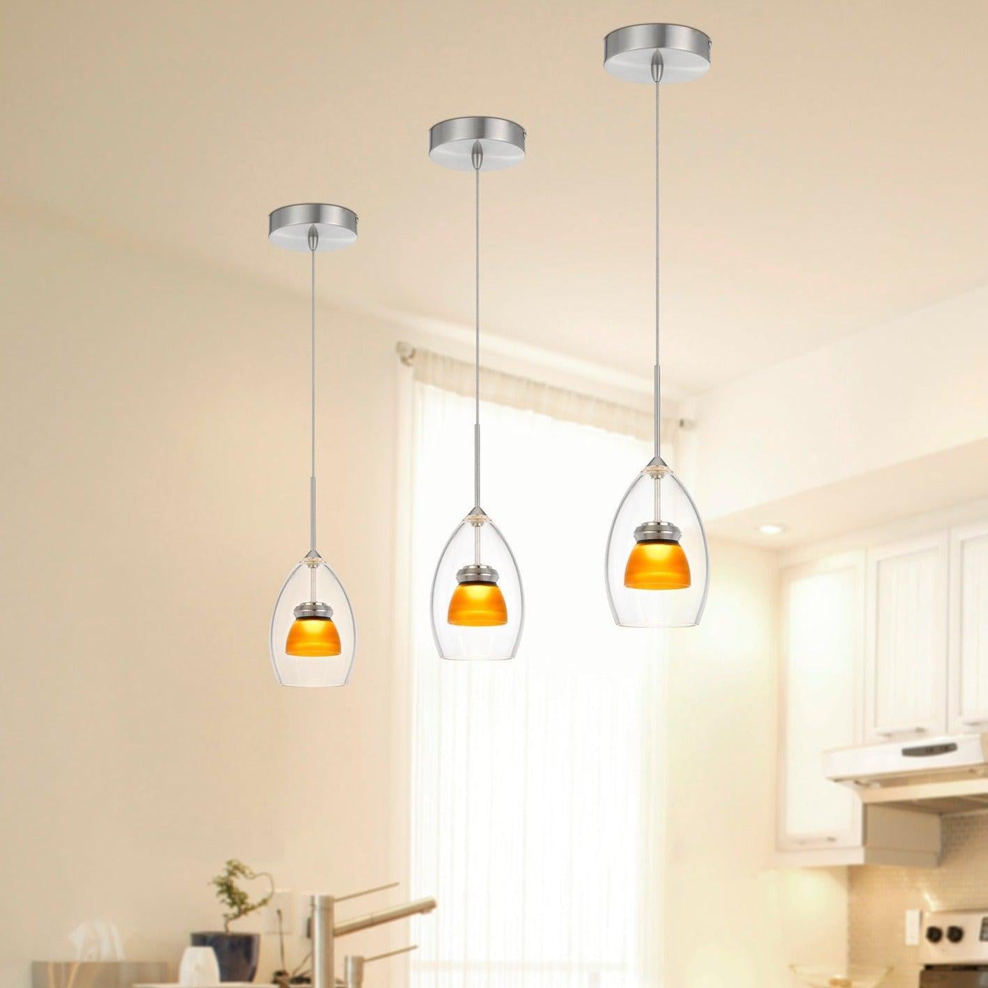 Dimmable LED Mini Pendant Light with Double Glass Shade - Modern Hanging Fixture for Kitchen Island, Dining Room, or Bedroom Lighting