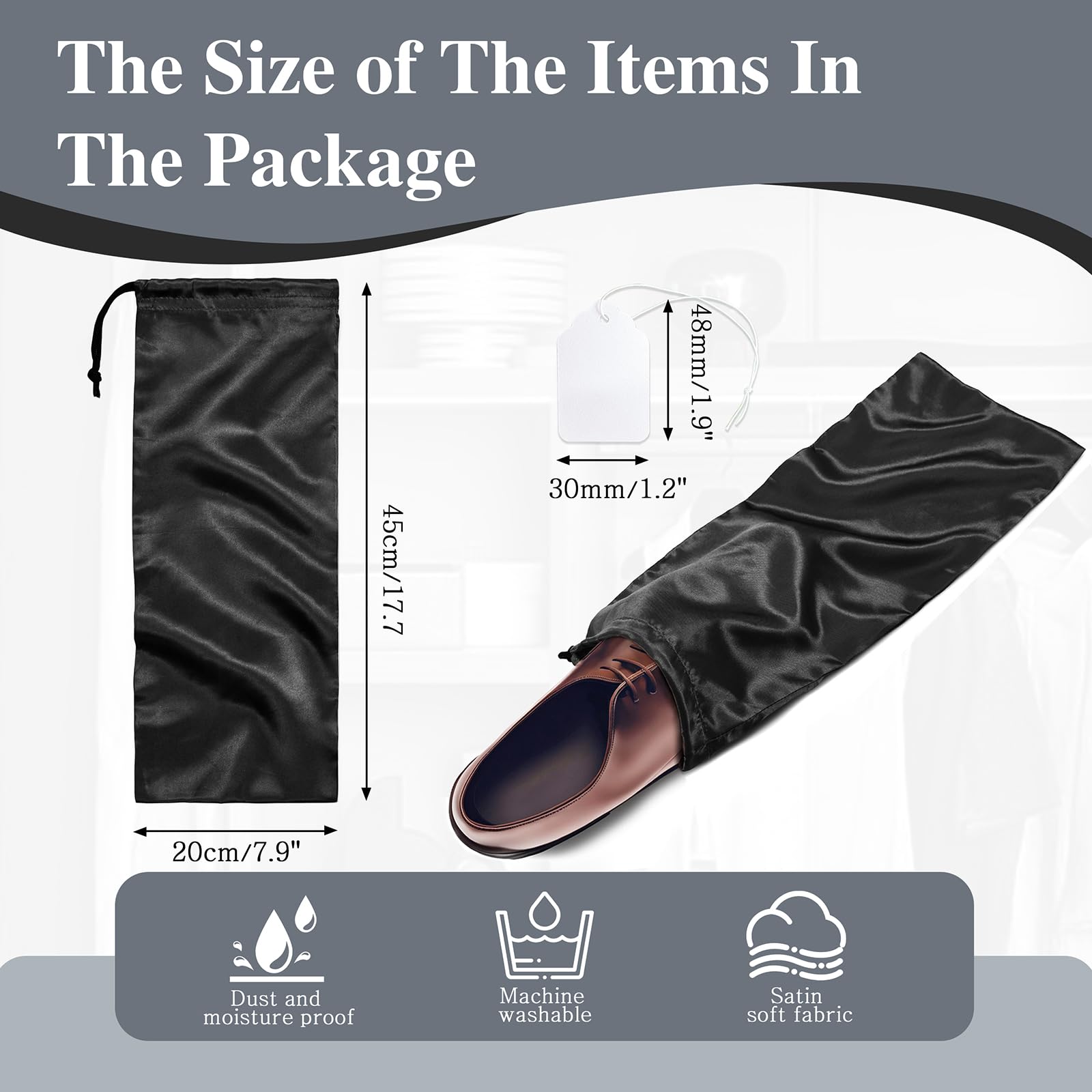 Ersmak 6 Pack Black Satin Shoe Bags with Drawstring for Travel - 17.7 x 7.9 Inch Shoe Storage Protectors - Perfect for Organizing Shoes in Suitcases, Gym Bags & Closet Storage