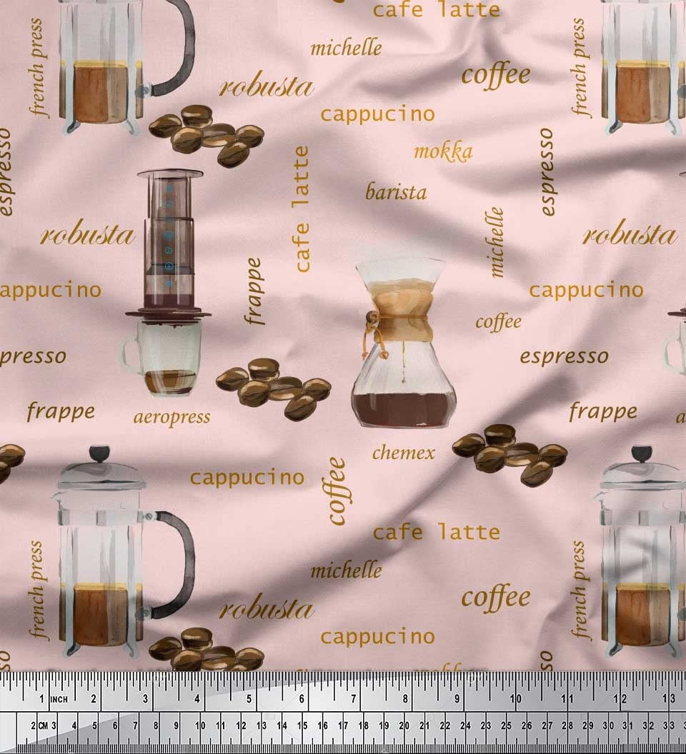Soimoi 100% Cotton Voile Fabric - Pink Printed Material by The Yard, 56 Inch Wide - Perfect for DIY Dresses, Curtains & Home Decor - Caffeine Lovers Coffee-Themed Textile for Kitchen Accessories & Craft Projects