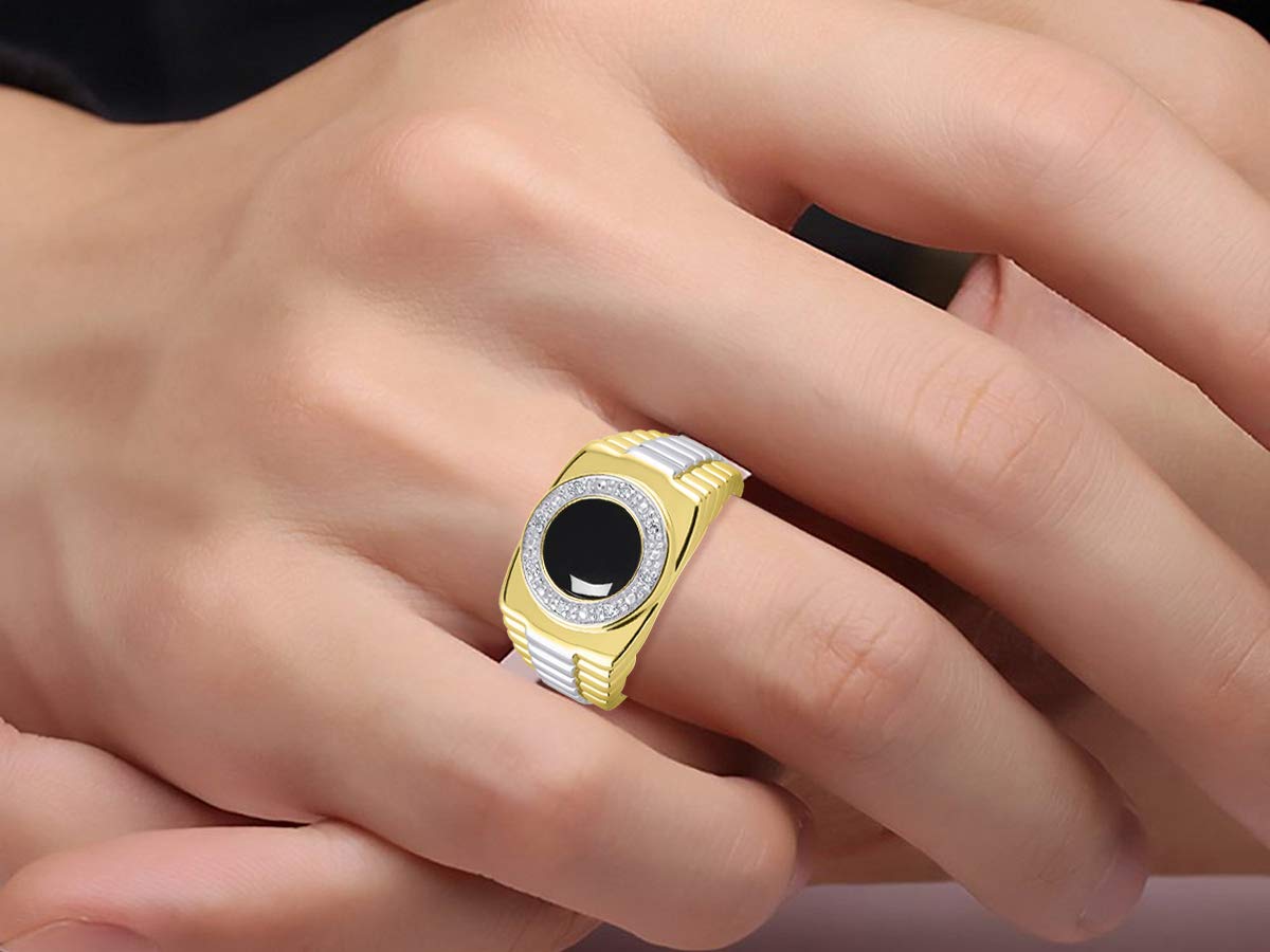 Stylish Rylos Men's Rings: Round Cabochon Gemstone & Diamond Designer Rings in Yellow Gold Plated Silver (Sizes 8-13) - Perfect for Weddings, Anniversaries & Formal Occasions | Premium Men's Jewelry Gift