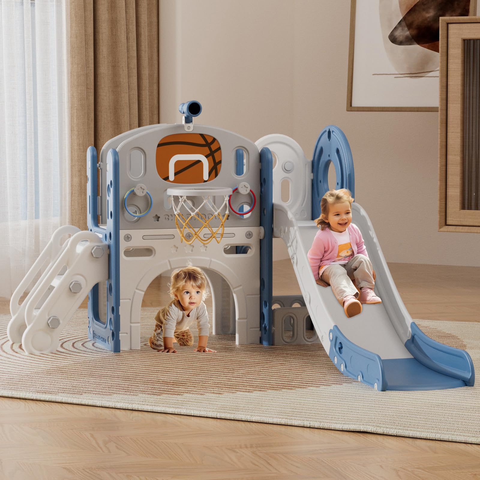 YUFU 9-in-1 Toddler Slide for Kids Ages 1-3 - Indoor & Outdoor Playground Set with Basketball Hoop & Ball - Blue & Gray - Perfect for Backyard, Playroom & Daycare Activities