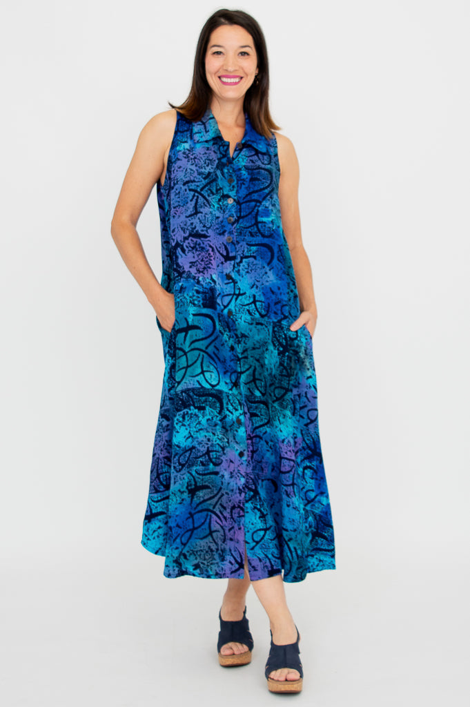Cissy Dress - Aqua Batik Floral Print Women's Summer Dress | Perfect for Beach Vacations, Date Nights & Casual Outings