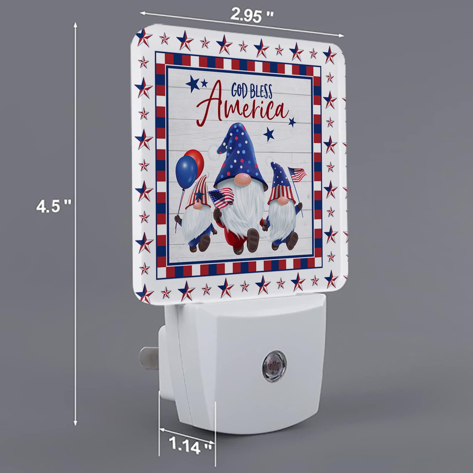 LED Night Light Plug in with Auto Sensor - Red & Blue Striped Gnome Design for Kids, Bedroom, Bathroom & Kitchen | Dimmable Wall Plug Night Lamp for Home Decor & Safety (4th of July Theme)