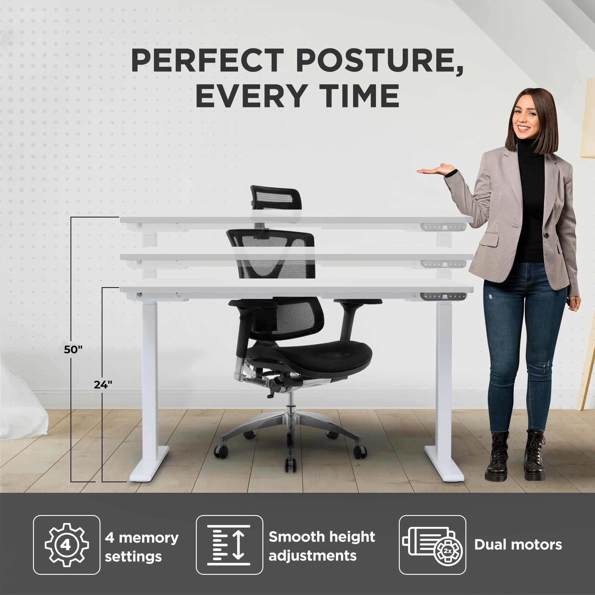 Rise UP Electric Standing Desk - 60x30 Inch Adjustable Height Wooden White Desk with Dual Motor, Large Sit Stand Workstation for Home Office | Perfect for Remote Work, Gaming & Study