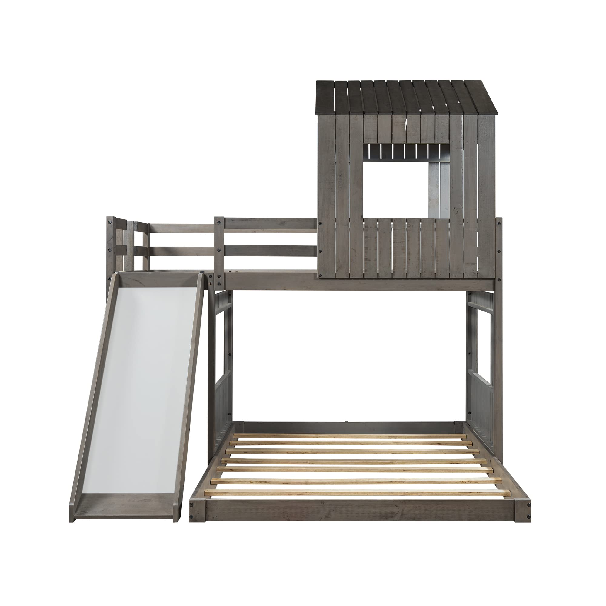 Quarte Twin Over Full Bunk Bed with Slide & Ladder - Solid Wood Loft Bed Frame with Playhouse, Farmhouse Design & Safety Guardrails - Perfect for Kids, Teens & Toddlers (Antique Gray) - Space-Saving Solution for Bedrooms, Playrooms & Vacation Homes
