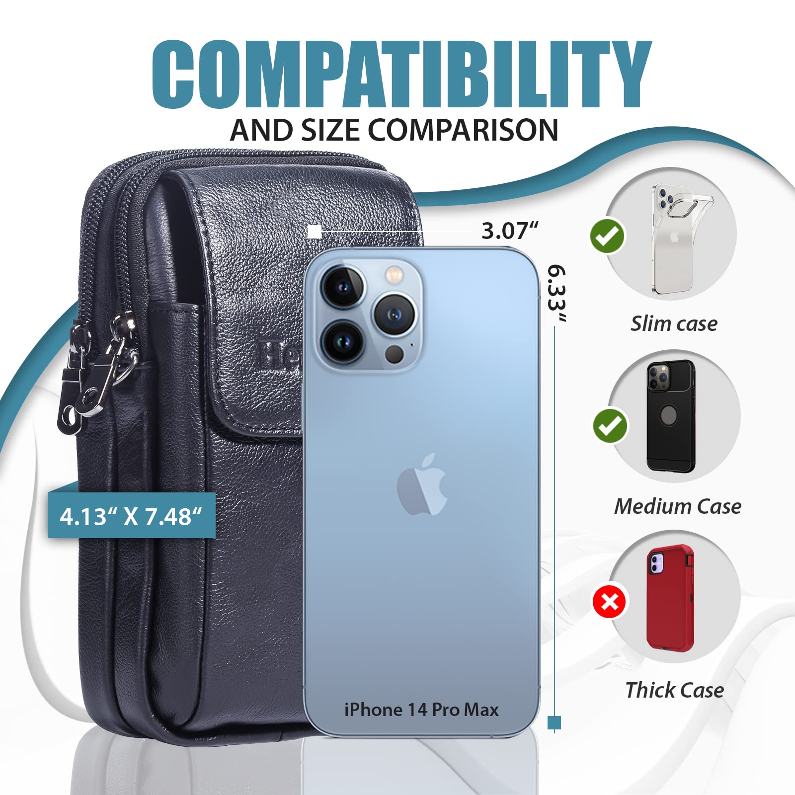 Premium Genuine Leather Phone Pouch for iPhone 16 Pro Max/15 Plus/14 Pro Max/13 Pro Max/12 Pro Max & Samsung Galaxy S24/S23/S22 Ultra - Belt Clip Holster Case, Crossbody Shoulder Bag (Black) - Perfect for Work, Travel & Outdoor Activities