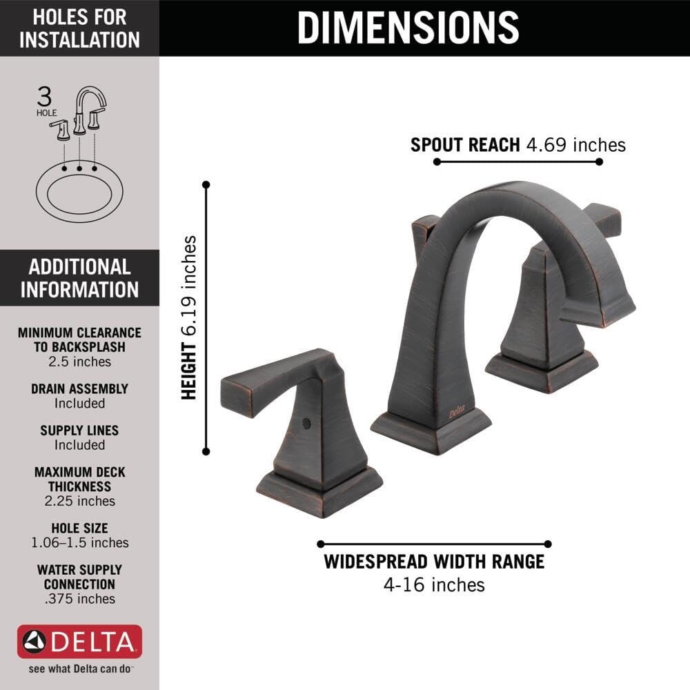 Delta Dryden Widespread Bathroom Faucet 3-Hole Mount in Oil Rubbed Bronze - Includes Metal Drain Assembly (Model 3551-RBMPU-DST) - Perfect for Modern Bathroom Vanities and Sink Upgrades