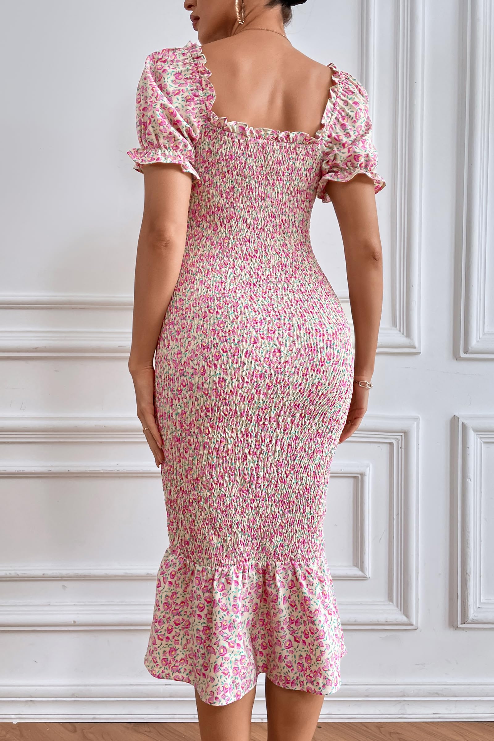 PRETTYGARDEN Floral Bodycon Midi Dress 2025 - Puff Sleeve Mermaid Cocktail Dress for Women | Perfect for Baby Shower, Maternity Photoshoot & Summer Parties