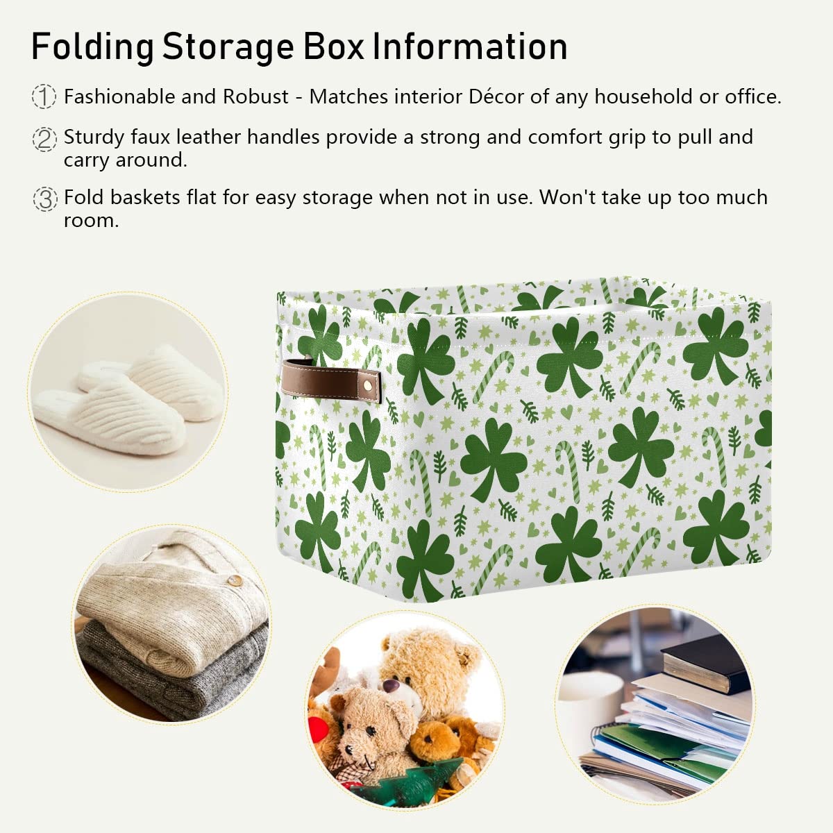 Clover Leaves Rectangle Collapsible Storage Basket - Waterproof Organizer Bin for Nursery Toys, Books, Closet Shelves & Bedroom Decor | Perfect for Kids Room Organization & Home Storage Solutions