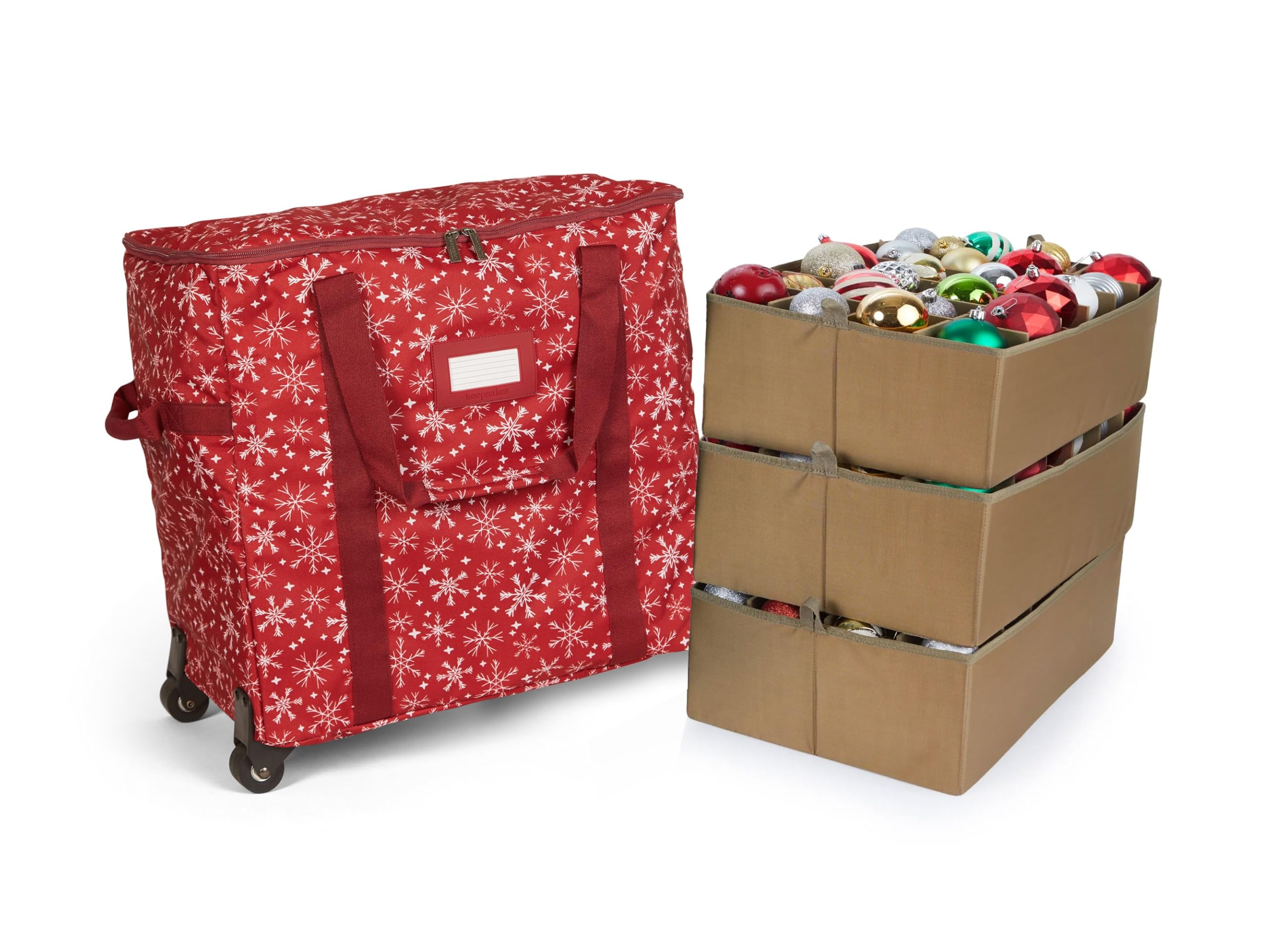 Covermates Keepsakes Rolling Adjustable Ornament Storage Bag with Carrying Handles & Padded Protection - Dual Wheel Holiday Decor Organizer for Christmas Tree Ornaments (Red Snowflake Design) - Perfect for Seasonal Decoration Storage and Home Organization