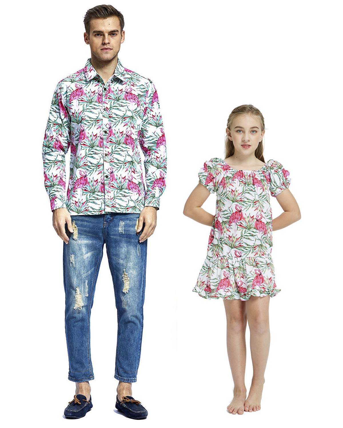 Father Daughter Matching Hawaiian Shirts & Muumuu Dress - Flamingo Love Print - Long Sleeve Tropical Outfits for Family Beach Vacation, Luau Party, and Photo Shoots