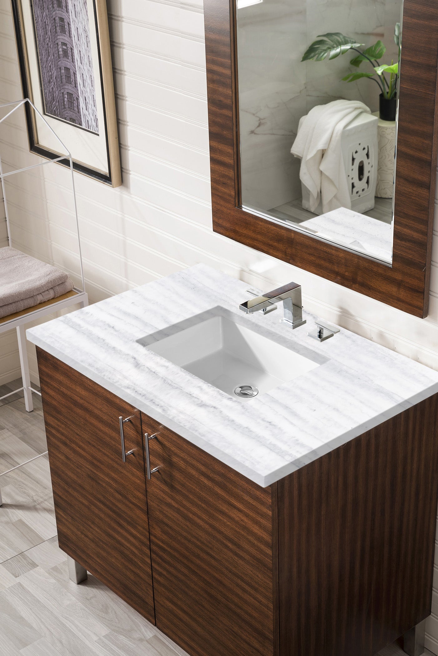 Metropolitan 36 Inch American Walnut Bathroom Vanity with 3CM Arctic Fall Solid Surface Top - Perfect for Modern Master Bathrooms & Powder Rooms