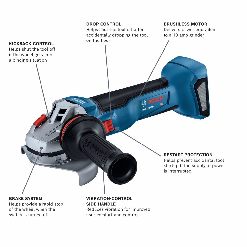 BOSCH GWS18V-10N 18V Cordless Brushless Angle Grinder with Slide Switch - 4-1/2 to 5 Inch Cutting & Grinding Tool (Bare Tool) - Perfect for Metalworking, Wood Cutting, and DIY Projects