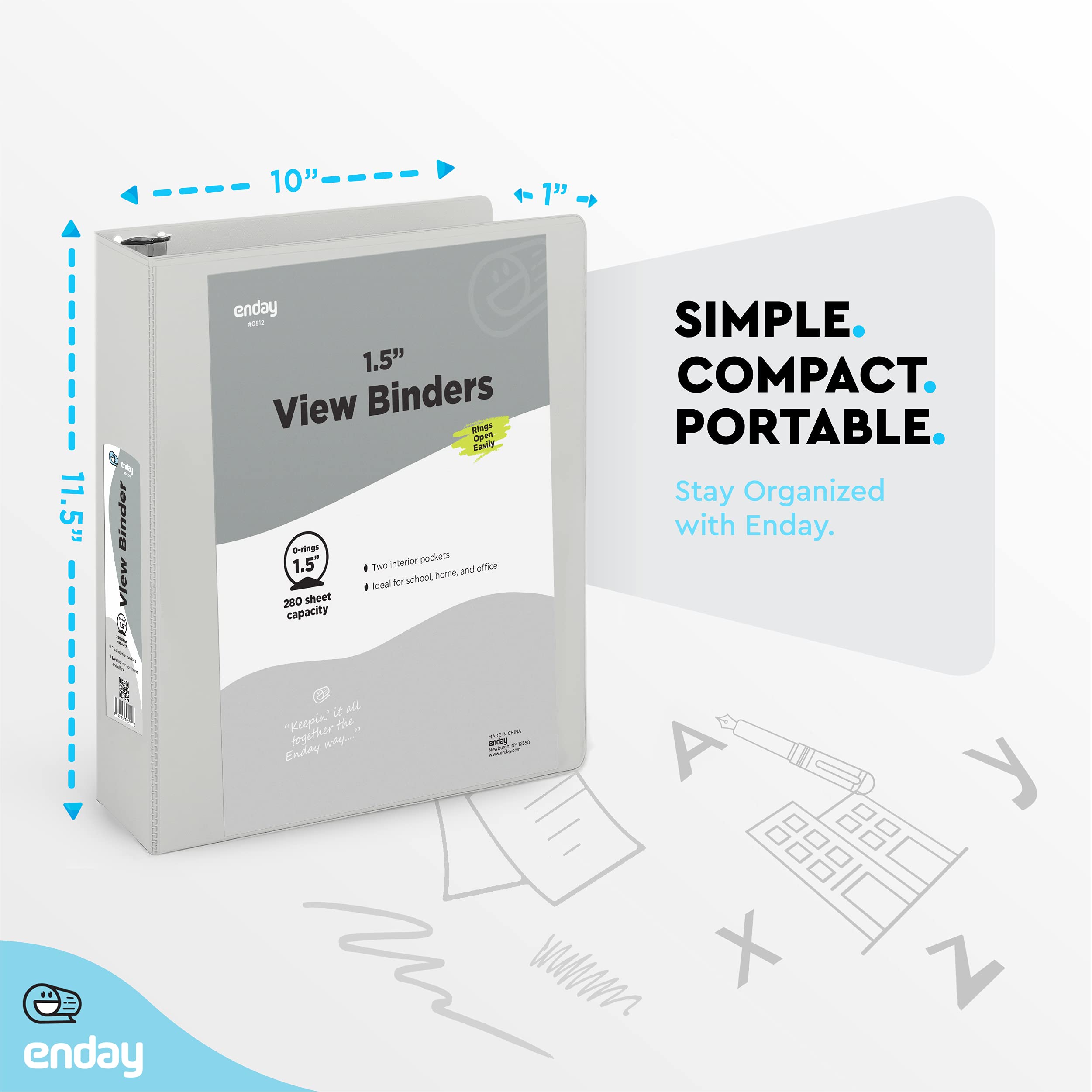 Enday 1.5 Inch Grey 3-Ring Binder with Clear View Cover & 2 Inside Pockets - Durable School & Office Supplies for Organizing Documents, Homework, Presentations - Perfect for Students, Teachers & Professionals