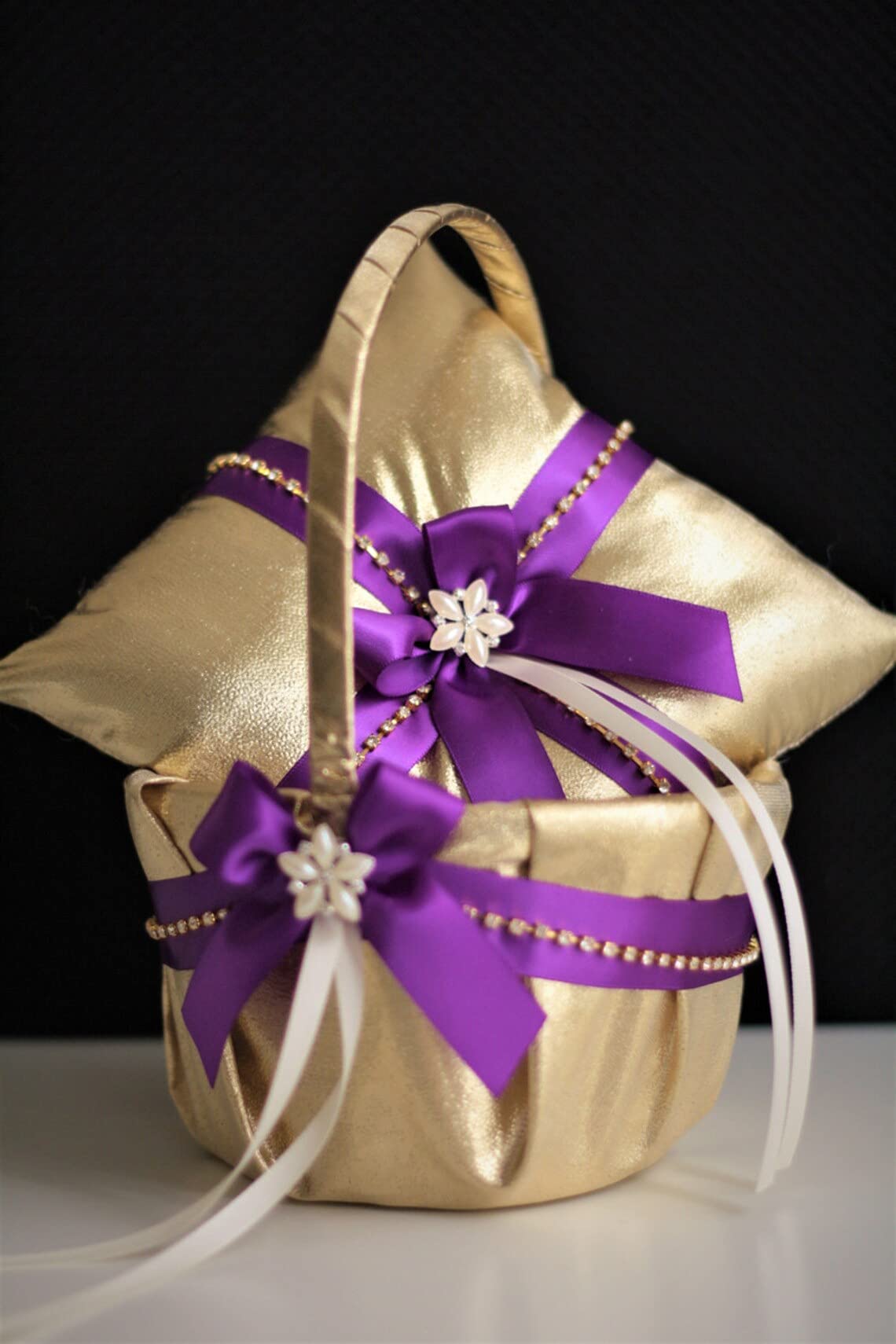 Luxury Purple Gold Wedding Pillow and Basket Set - Ring Bearer Pillow & Flower Girl Baskets for Elegant Ceremonies (1 Pillow + 2 Baskets) - Perfect for Wedding Aisle Decor, Bridal Shower Gifts, and Romantic Vow Renewals