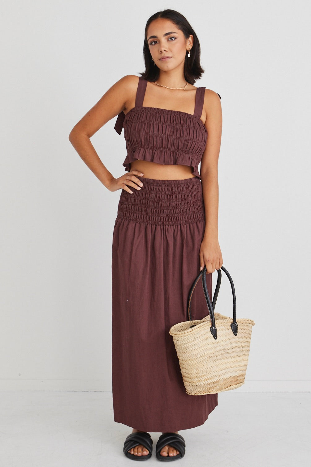 Seville Raisin Shirred Waist Maxi Skirt - Elegant Flowy Long Skirt for Women | Perfect for Summer, Beach, Boho Outfits & Casual Wear