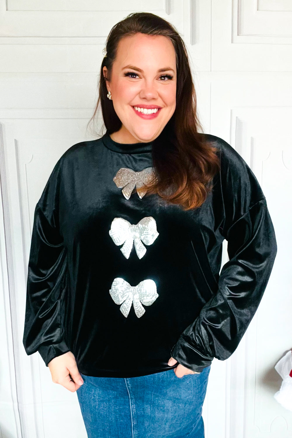 Silver Sequin Bow Velvet Pullover Top for Women - Elegant Holiday Party Blouse | Perfect for Christmas, New Year & Special Occasions