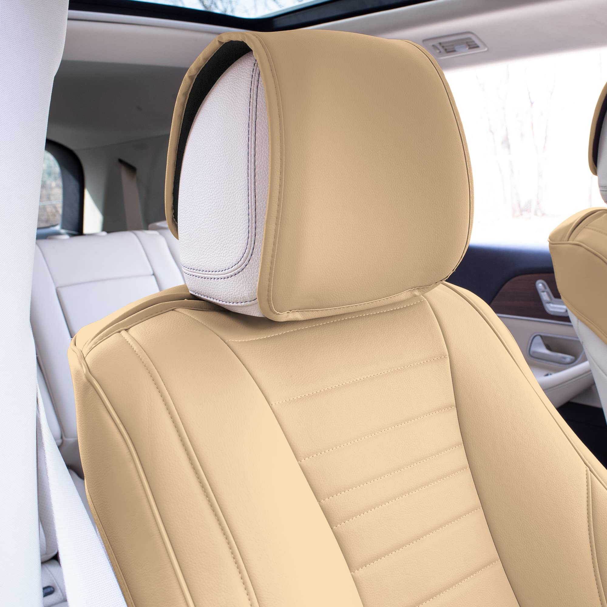 Premium TLH Grande70 Luxe Faux Leather Beige Car Seat Covers - 2 Pack Waterproof Universal Fit for Cars, Trucks & SUVs | Elegant Pattern | Comfort & Protection for Daily Commute, Road Trips & Family Travel