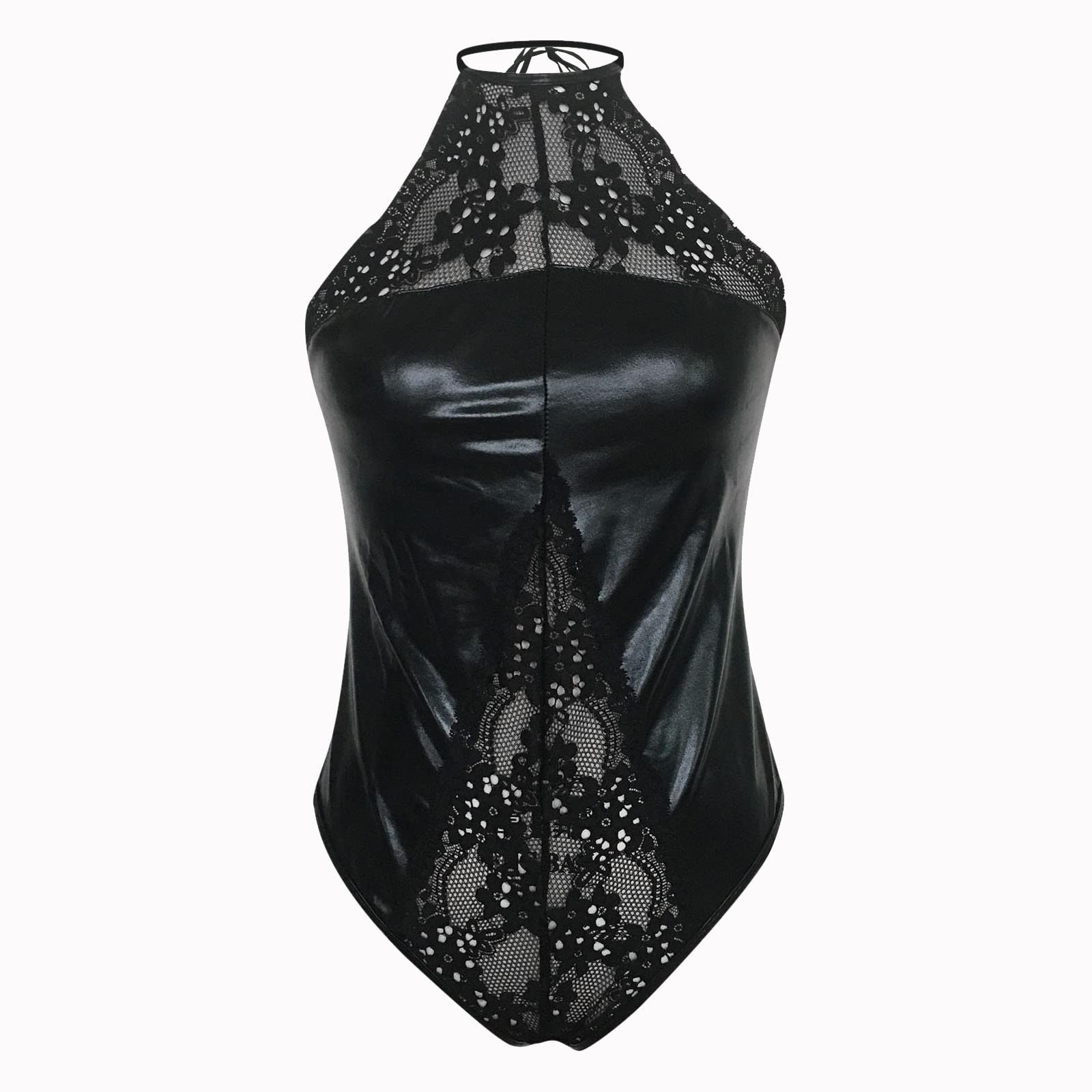Sexy Black Sheer Halter Lingerie Set for Women - Corset Bodysuit & Leather Teddy Nightgown for Sleep, Lounge & Romantic Nights | Perfect for Boudoir, Valentine's Gift & Special Occasions