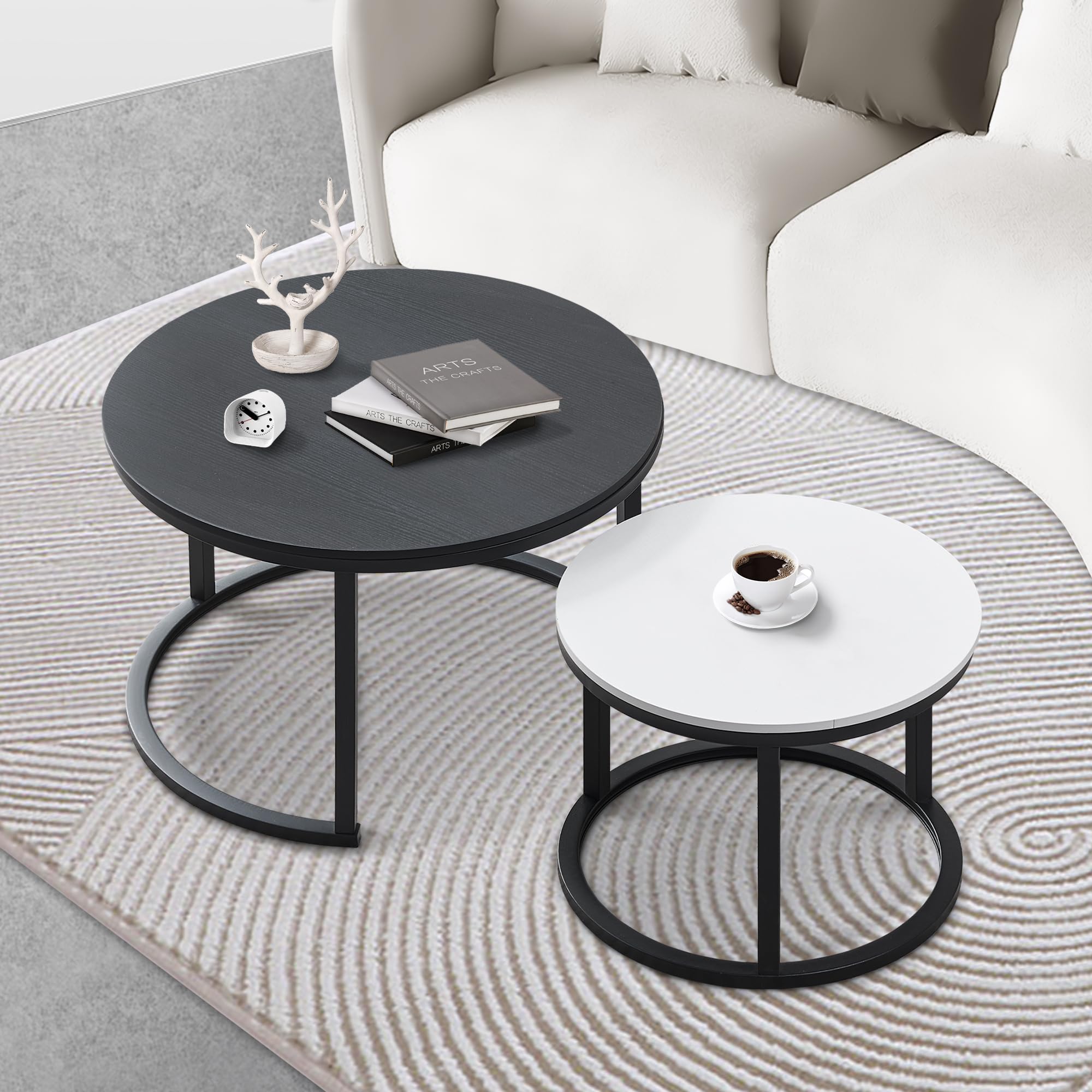 27.5 Inch Round Wood Coffee Tables Set of 2 - Modern Black and White Side Tables with Drawers for Small Spaces, Living Room, Bedroom & Office - Perfect for Coffee, Books & Decor