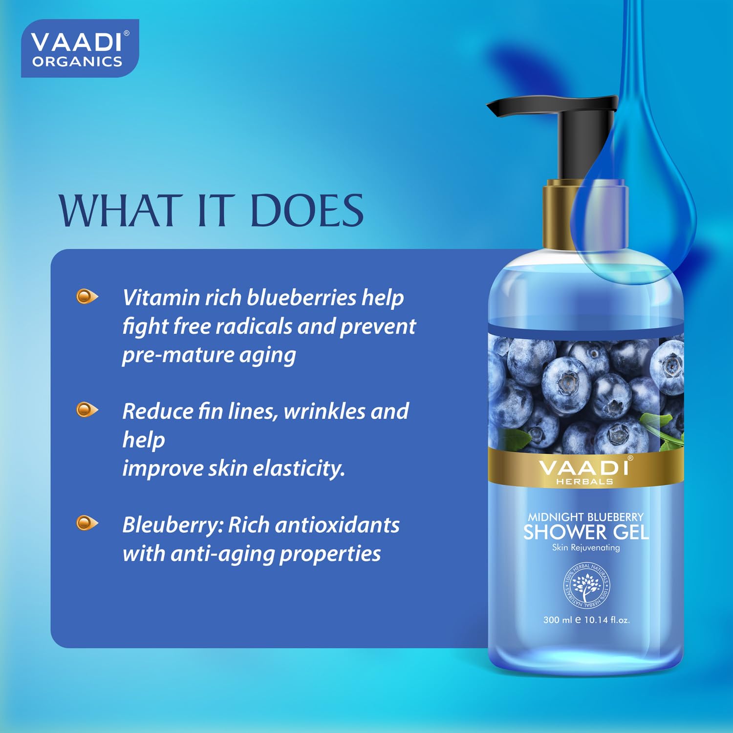 Vaadi Herbals Midnight Blueberry Shower Gel - 300ml | Natural & Moisturizing Body Wash for Dry Skin | Perfect for Relaxing Bath & Aromatherapy at Home