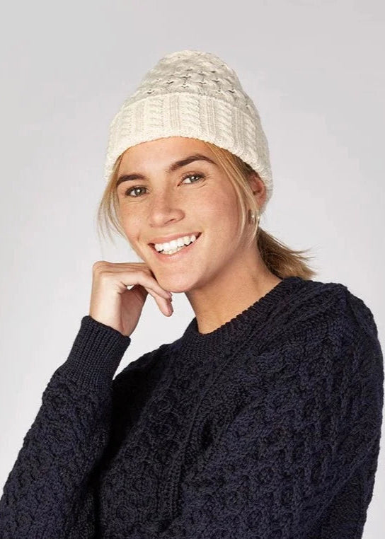 Ireland's Eye Aran Hat - 100% Wool Knit Beanie for Men & Women | Warm Winter Hat for Outdoor Activities, Hiking & Cold Weather