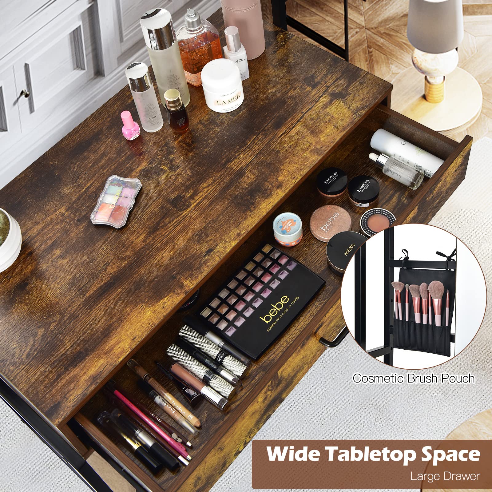 GOFLAME Adjustable Vanity Table with 3-Position Mirror, Makeup Dressing Desk with Cosmetic Brush Holder & Large Drawer - Perfect for Bedroom, Dressing Room & Entryway Organization