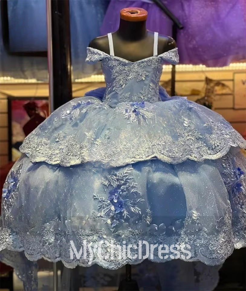 Light Blue Mini Quinceanera Dresses for Girls - Lace Appliqué Fluffy Tulle Party Gown for Birthday, Flower Girl, Special Occasions & Photoshoots