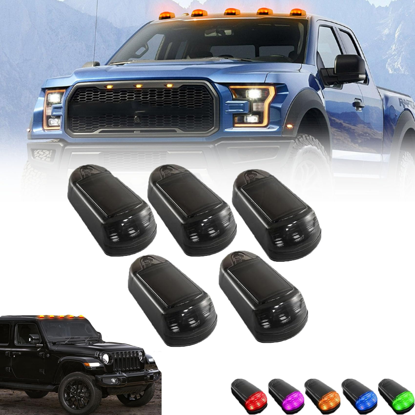 2024 New Solar Powered Cab Lights for Truck - No Drill Installation, 7 Color Wireless LED Roof Lights (Black Transparent) - Perfect for Off-Roading, Night Driving & Truck Customization