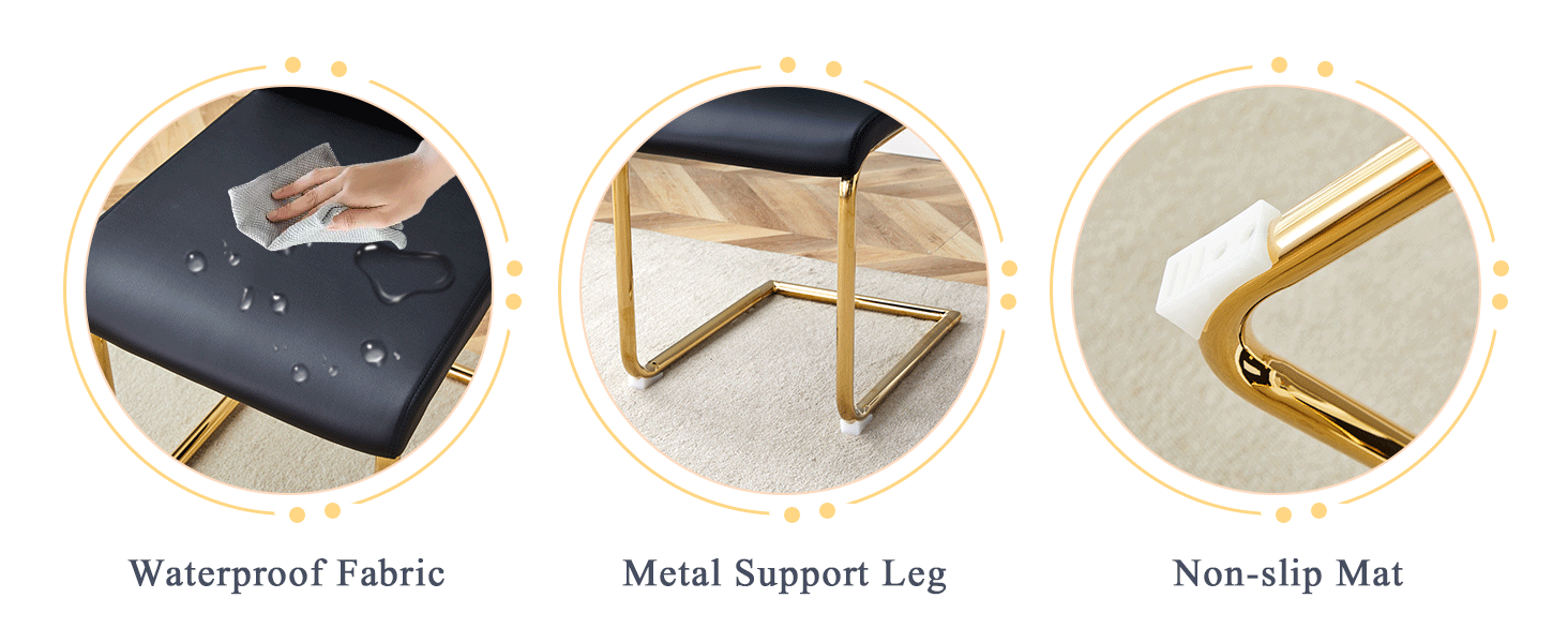 Modern Black PU Dining Chairs Set of 4 - Waterproof Faux Leather Upholstery with Gold Metal Legs - Stylish for Kitchen, Restaurant, Office & Conference Room - Elegant Seating Solution for Home & Commercial Use
